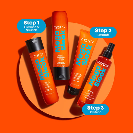 Orange Red Matrix Mega Sleek Shampoo - Anti-Frizz Moisturizing Shampoo, Smoothing and Detangling, For Dry & Damaged Hair, Salon Professional Formula, With Shea Butter, Vegan, 10.1 FL Oz