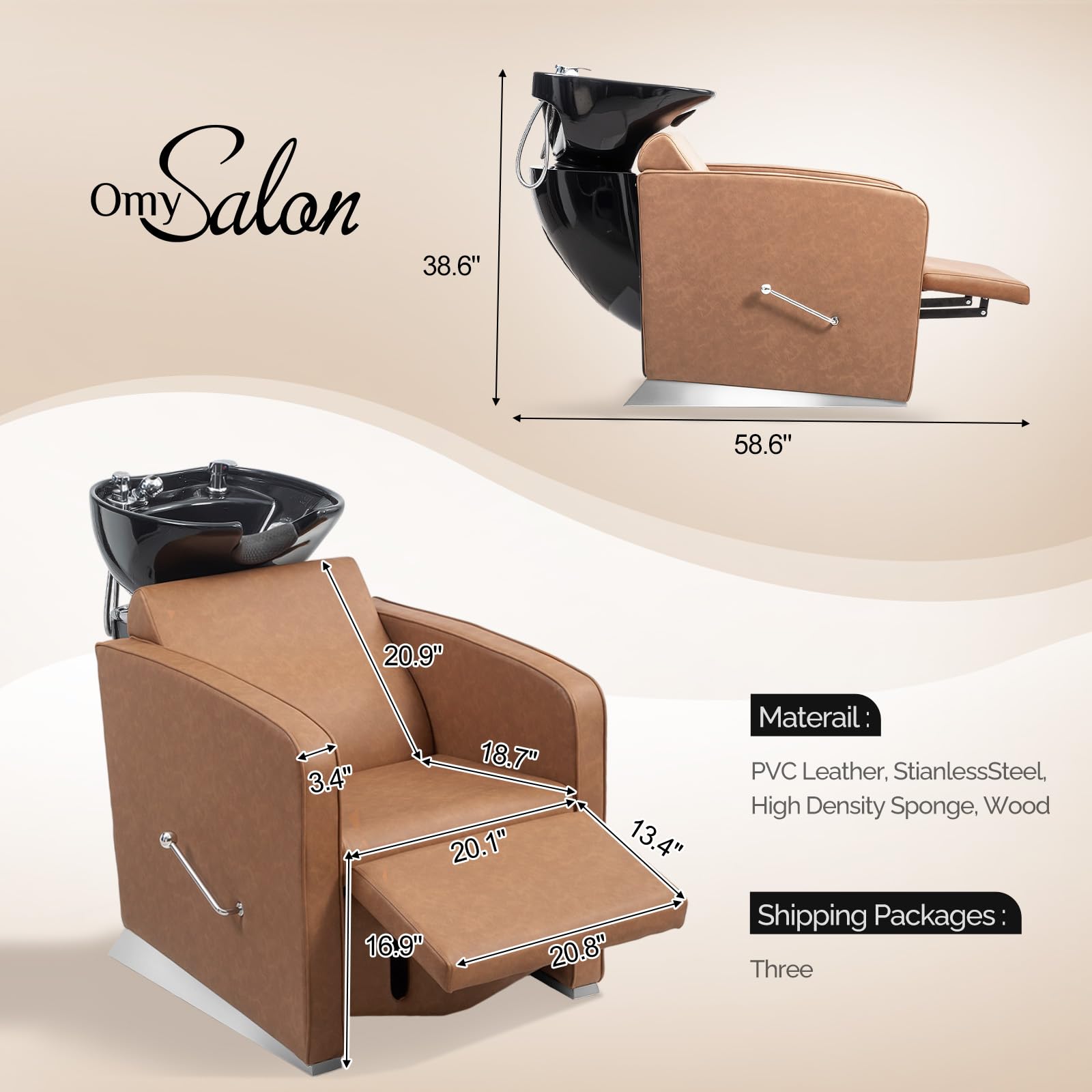 Light Gray OmySalon Backwash Shampoo Unit for Salon, Hair Washing Station with Ceramic Bowl Adjustable Footrest, Reclining Shampoo Chair for Beauty Spa Barbershop
