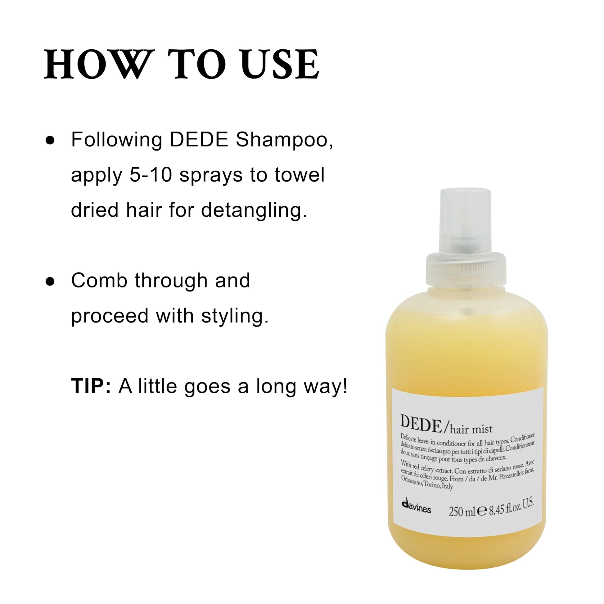 White Smoke Davines DEDE Hair Mist, Lightweight Leave-In Milk Conditioner for All Hair Types - Frequent Use Spray to Detangle, Moisturize, and Remineralize with Red Celery Extract, Weightless, 8.45 Fl Oz