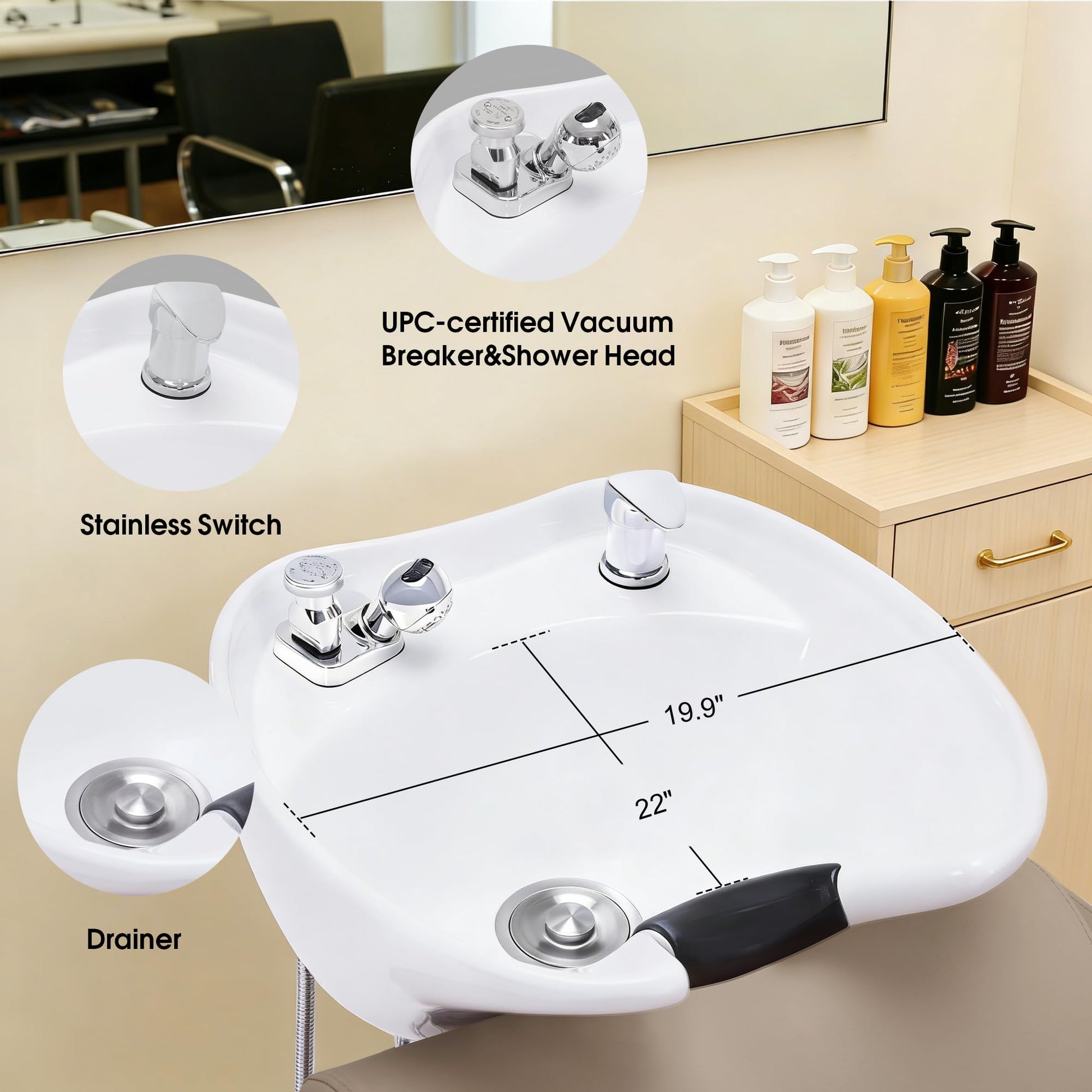 Lavender BarberPub Backwash Shampoo Station Chair, Adjustable Porcelain Ceramic Hair Wash Bowl with Chair, Shampoo Station for Barber Shop, Spa Beauty Salon Equipment 9364 (Creamy White)
