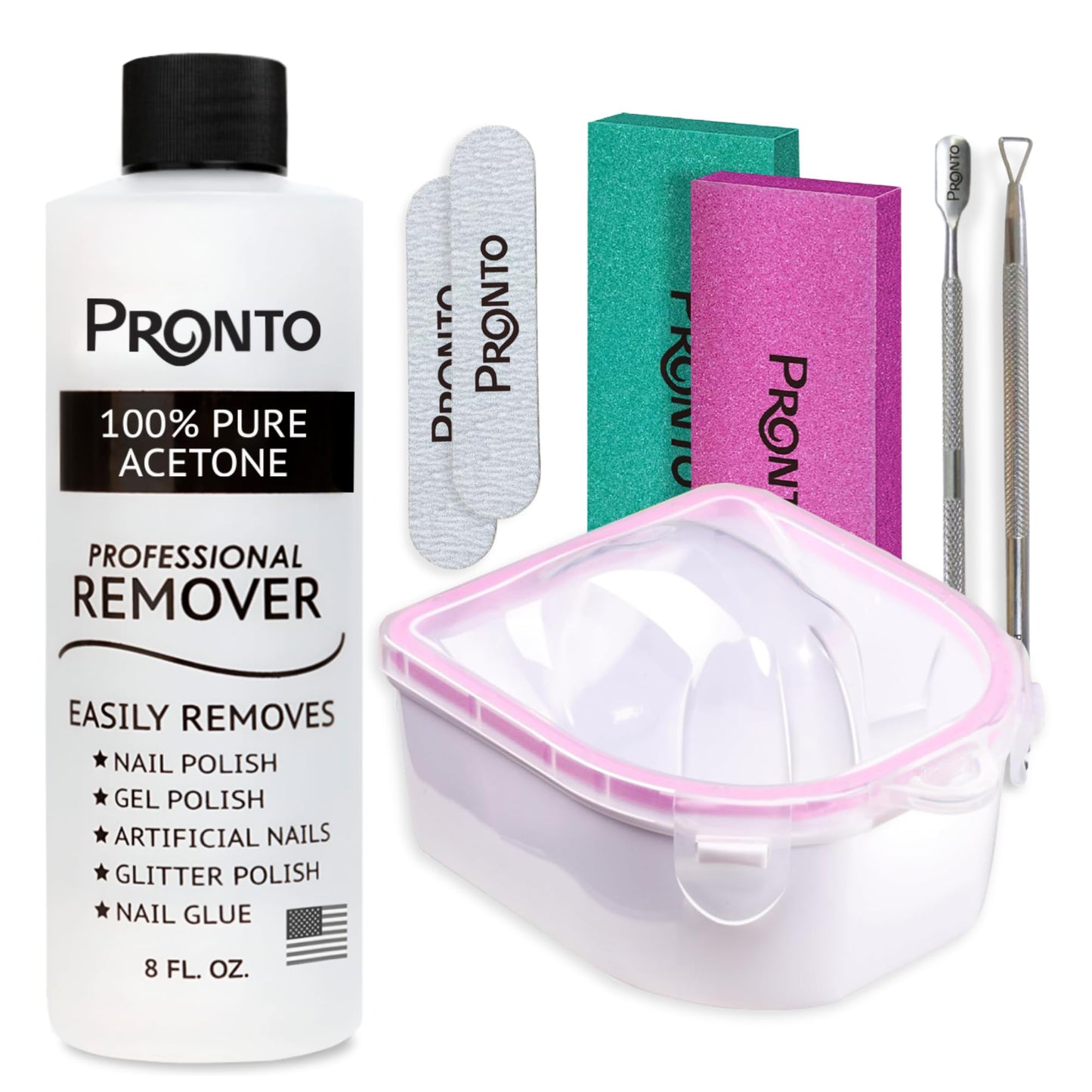 White Smoke Pronto Gel Nail Polish Remover Kit – 8 Oz Pure Acetone 100 Percent, Nail File & Nail Polish Soak Off Bowl for Nail Care + Manicure Set with Nail Buffer Block, Cuticle Pusher & Nail scraper