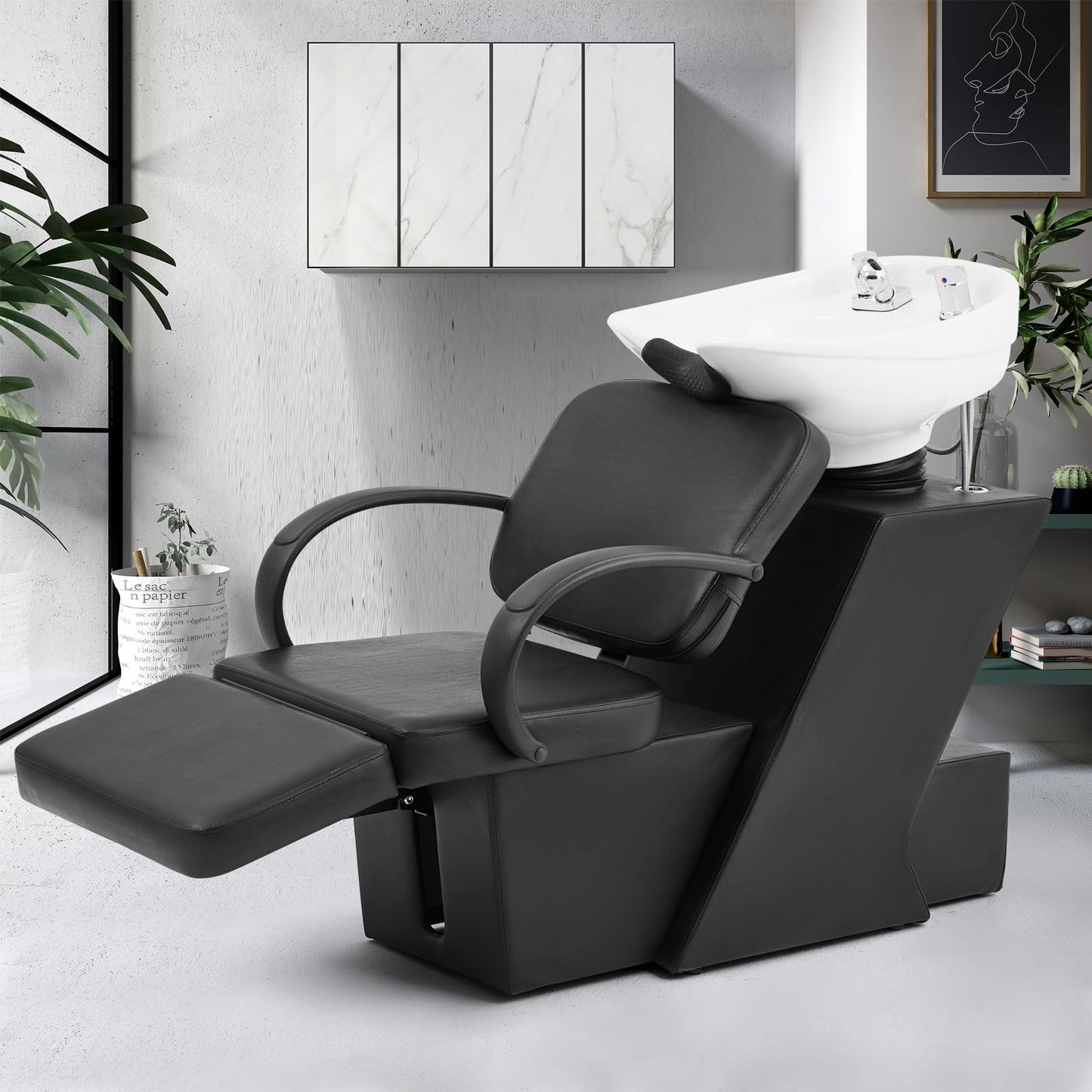 Light Gray Artist Hand Shampoo Bowl, 47" Ceramic Bowl Chair Adjustable Backwash Shampoo Station Footrest Salon Equipment(White Bowl)