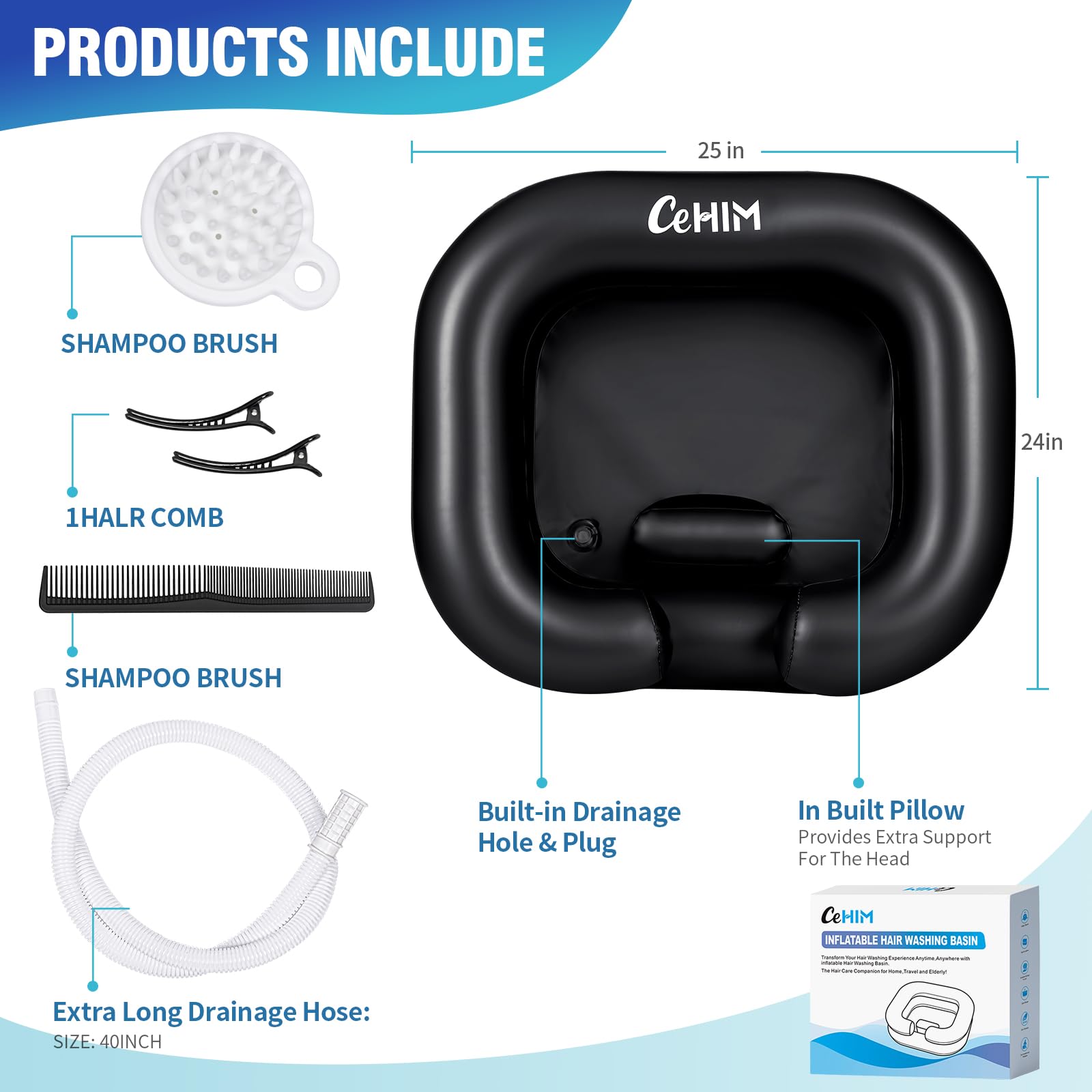 White Smoke Cehim Inflatable Shampoo Basin - Portable Shampoo Bowl, Hair Washing Basin for Bedridden, Disabled,Injured, Hair Wash Tub for Dreadlocks and at Home Sink Washing (Black, 15in Inner)