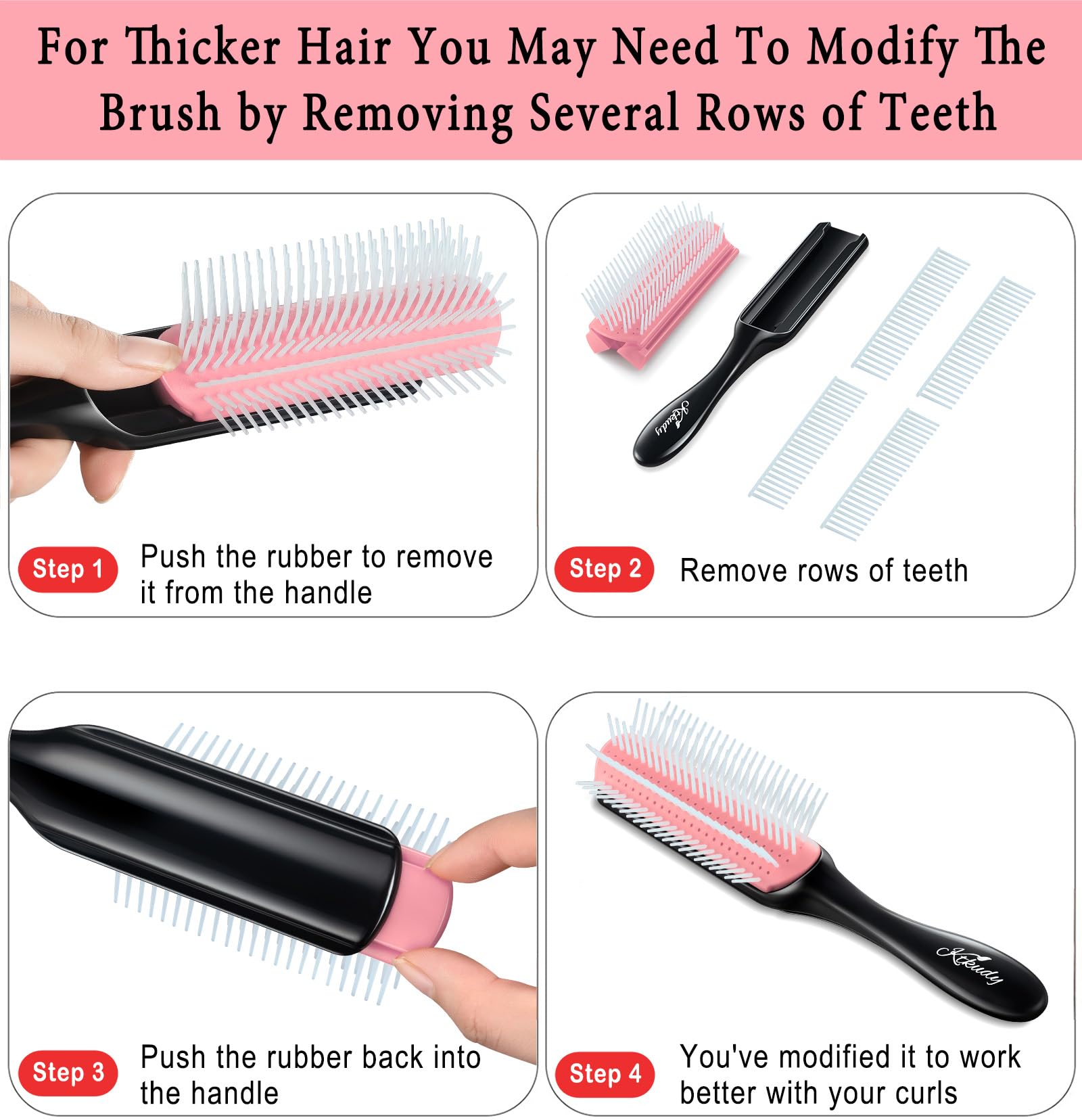 White Smoke KTKUDY 9 Row Defining Brush for Shaping and Finishing Curls - Detangling Blow-Drying Brush for Thick, Wavy or Coily Hair (Black&Pink)
