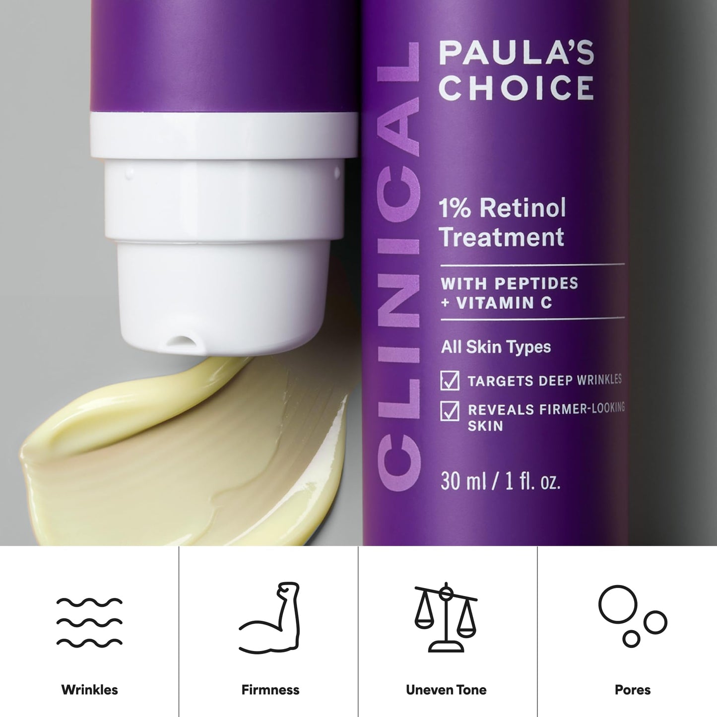 White Smoke Paula's Choice CLINICAL 1% Retinol Face Treatment with Peptides, Vitamin C & Licorice Extract, Anti-Aging Skin Care Serum, Fine Lines & Wrinkles, Fragrance Free, 1 Fl Oz