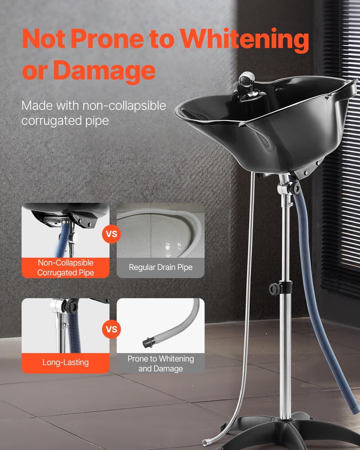 Dim Gray VEVOR Portable Shampoo Bowl, Deep Shampoo Sink with Adjustable Height & Angle, Includes Drain Hose, Shower Head, Lightweight Hair Wash Basin for Barber Salon Spa Center & Home Use, Black