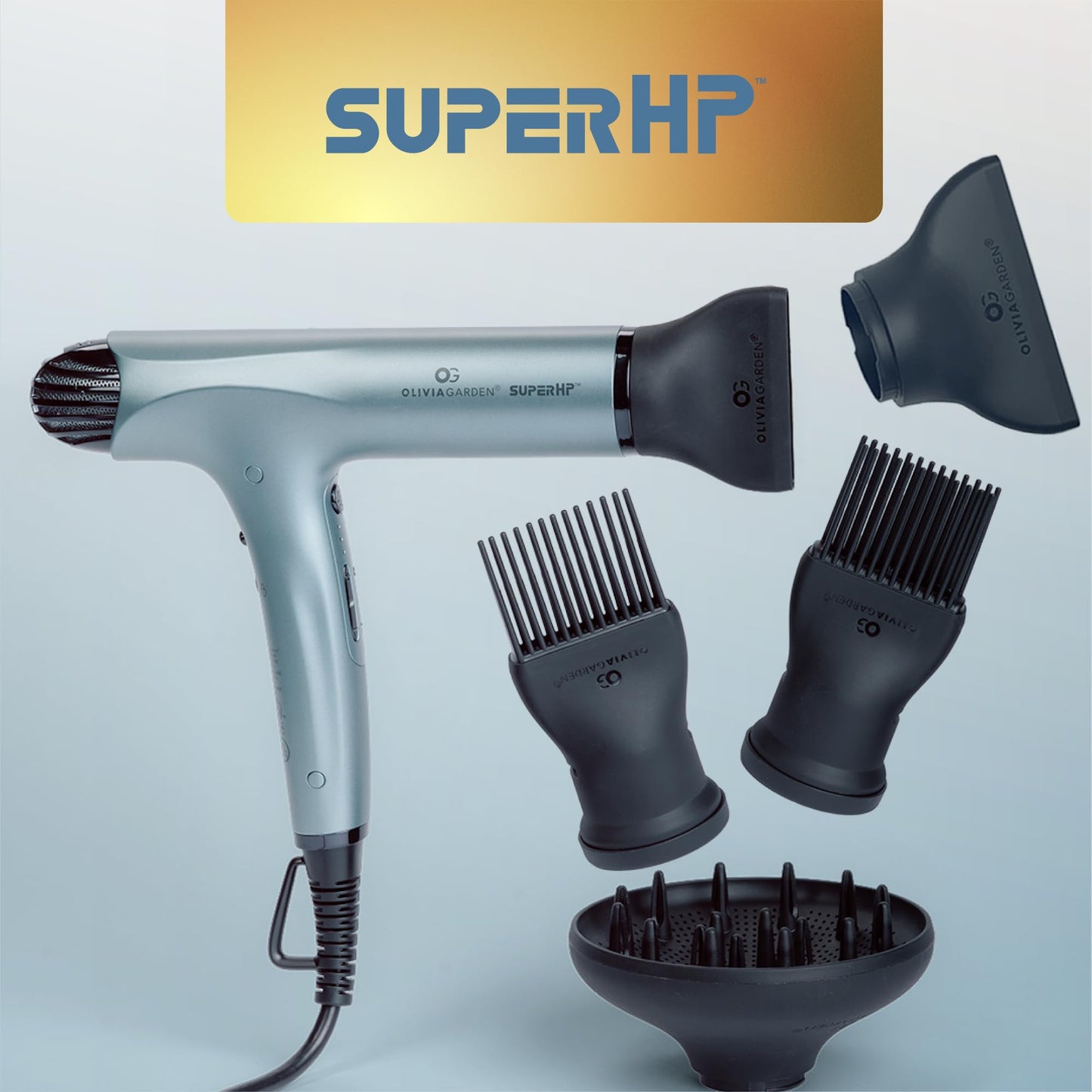 Gray Olivia Garden 1875W SuperHP Professional Hair Dryer for All Hair Types - Quiet, Fast Drying Blow Dryer - Powerful Ionic Generator - 5 Attachments, Including 2 Comb and 1 Diffuser Attachments