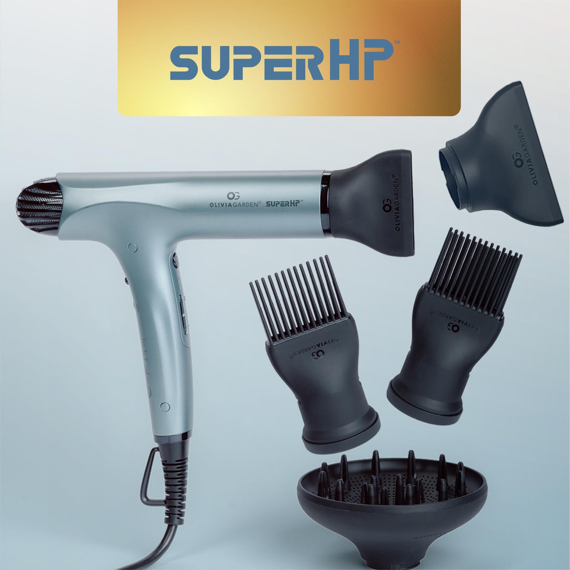 Gray Olivia Garden 1875W SuperHP Professional Hair Dryer for All Hair Types - Quiet, Fast Drying Blow Dryer - Powerful Ionic Generator - 5 Attachments, Including 2 Comb and 1 Diffuser Attachments