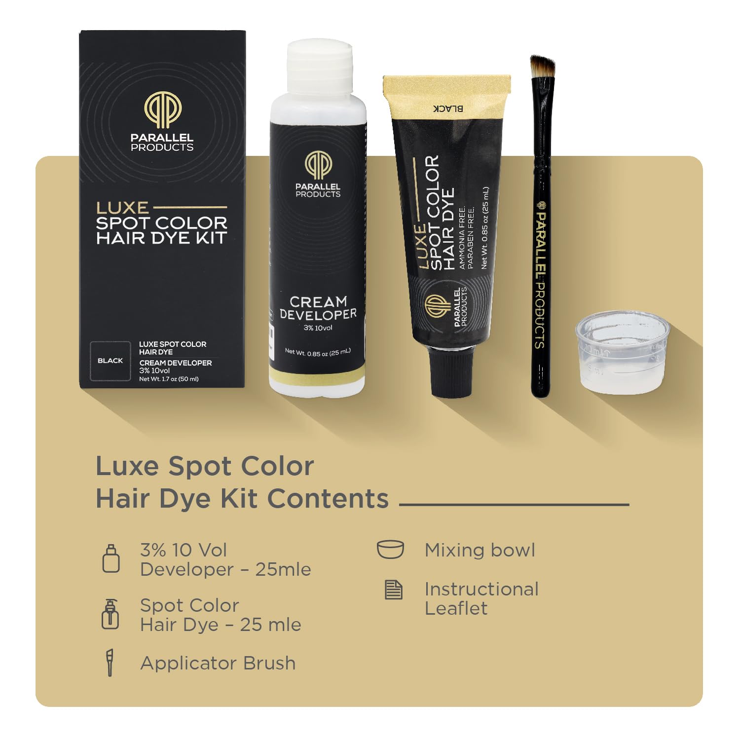 Tan Parallel Products - Luxe Color (Black) - Cream Hair Dye - 25mL - Tint for Professional Spot Coloring - With Cream Developer, Mixing Dish and Application Brush - Covers Grey Hair - Root Touch Up