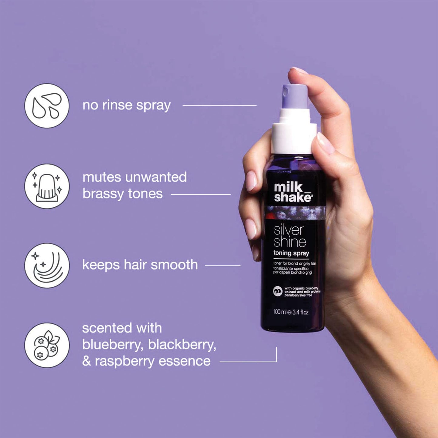 Dark Gray milk_shake Silver Shine Toning Spray - Platinum Hair Violet Pigment Spray | Counteracts Unwanted Yellow/Golden Tones| Strengthens and Hydrates | 3.4 fl oz (100 ml)