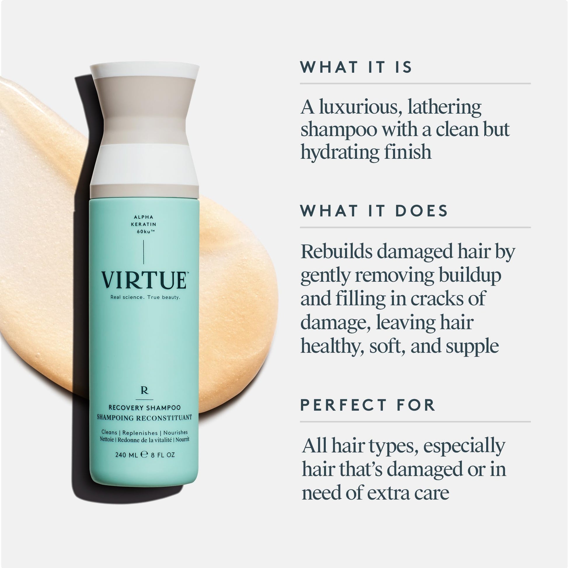 White Smoke VIRTUE Recovery Sulfate Free Shampoo with Keratin and Baobab Seed Oil for Damaged Hair, Color Safe
