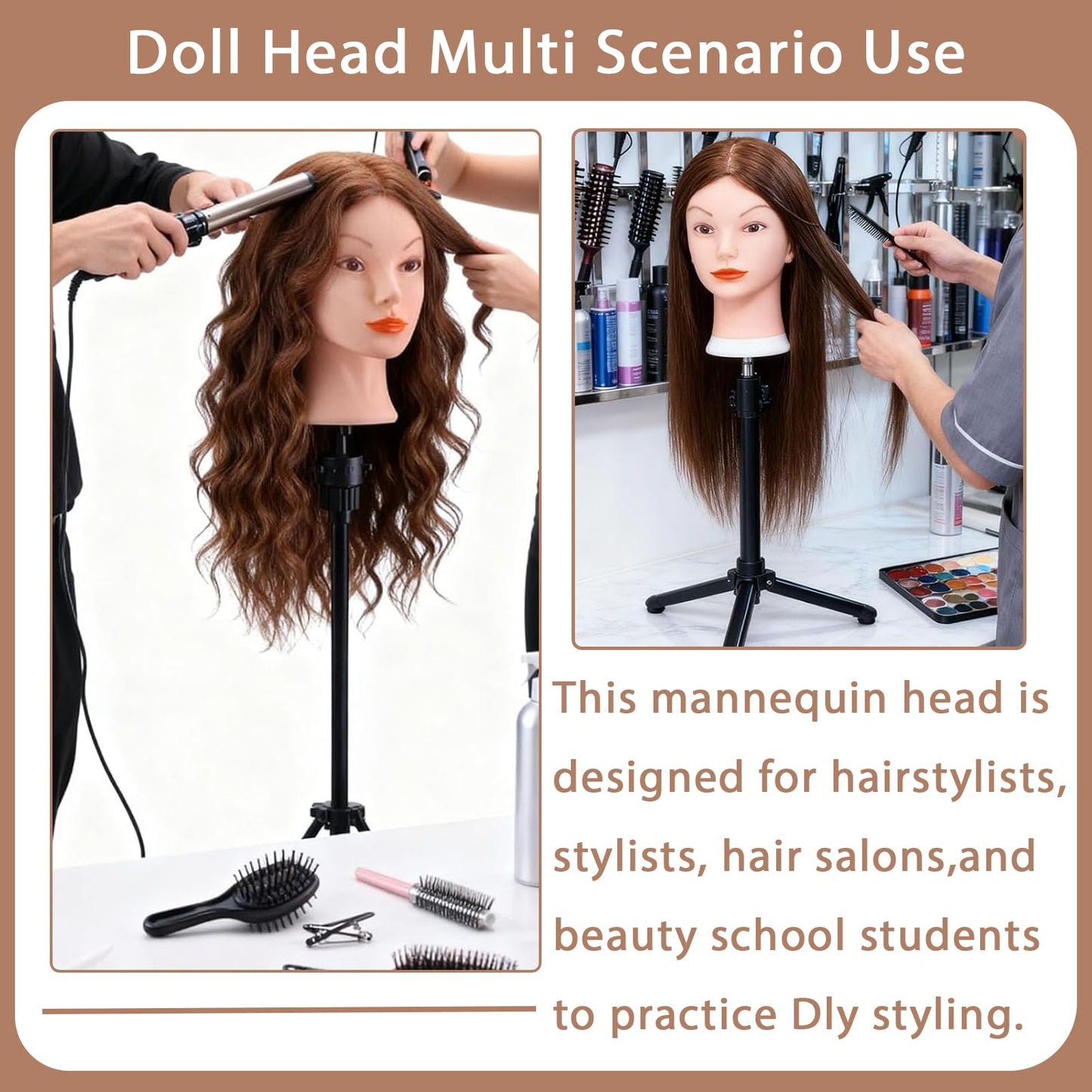 White Smoke Mannequin Head with 100% Human Hair, TopDirect Real Hair Cosmetology Mannequin Head Hair Styling Hairdressing Practice Training Doll Head with Clamp Holder and Tools (Dark Brown)