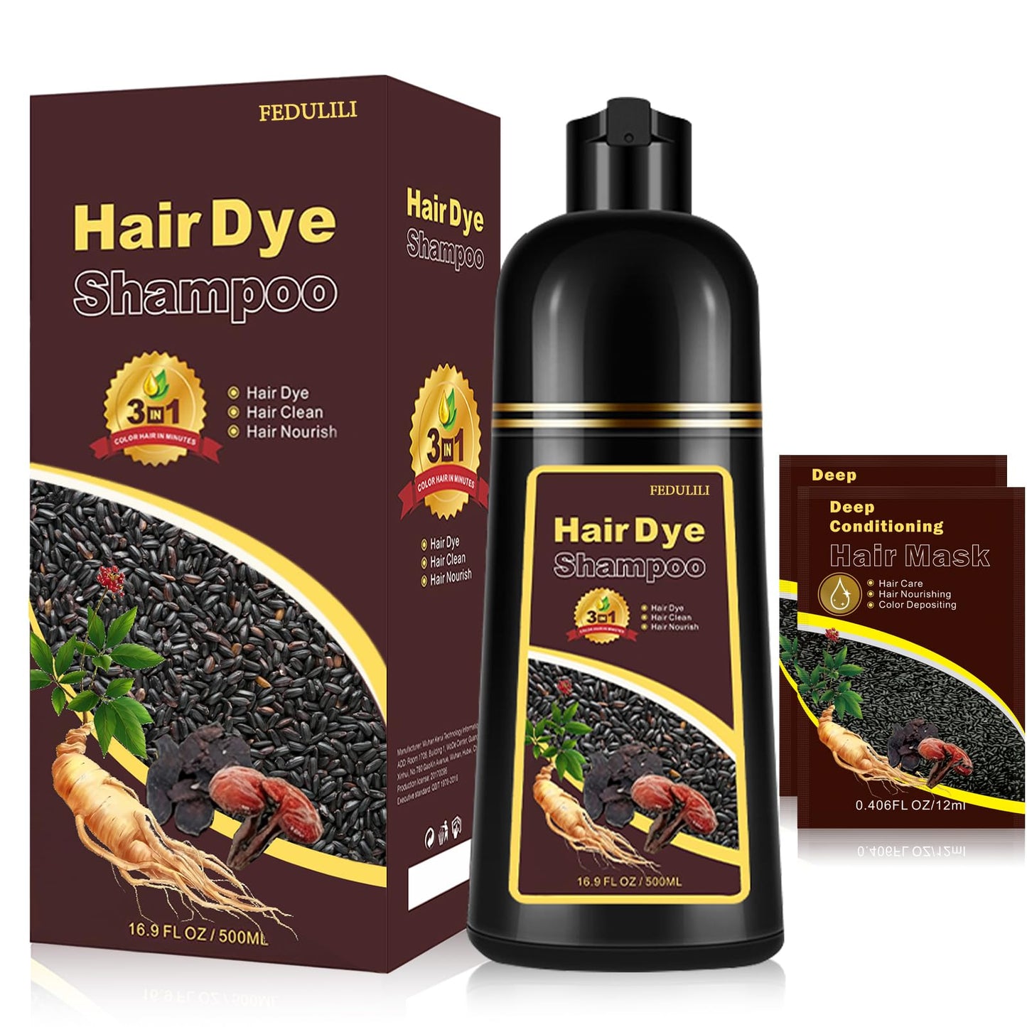 White Smoke Instant Black Hair Dye Shampoo, Natural 3-in-1 for Gray Coverage in 10-15 mins, Long-Lasting Color Effect for Women and Men, 16.9 Fl Oz (Black)