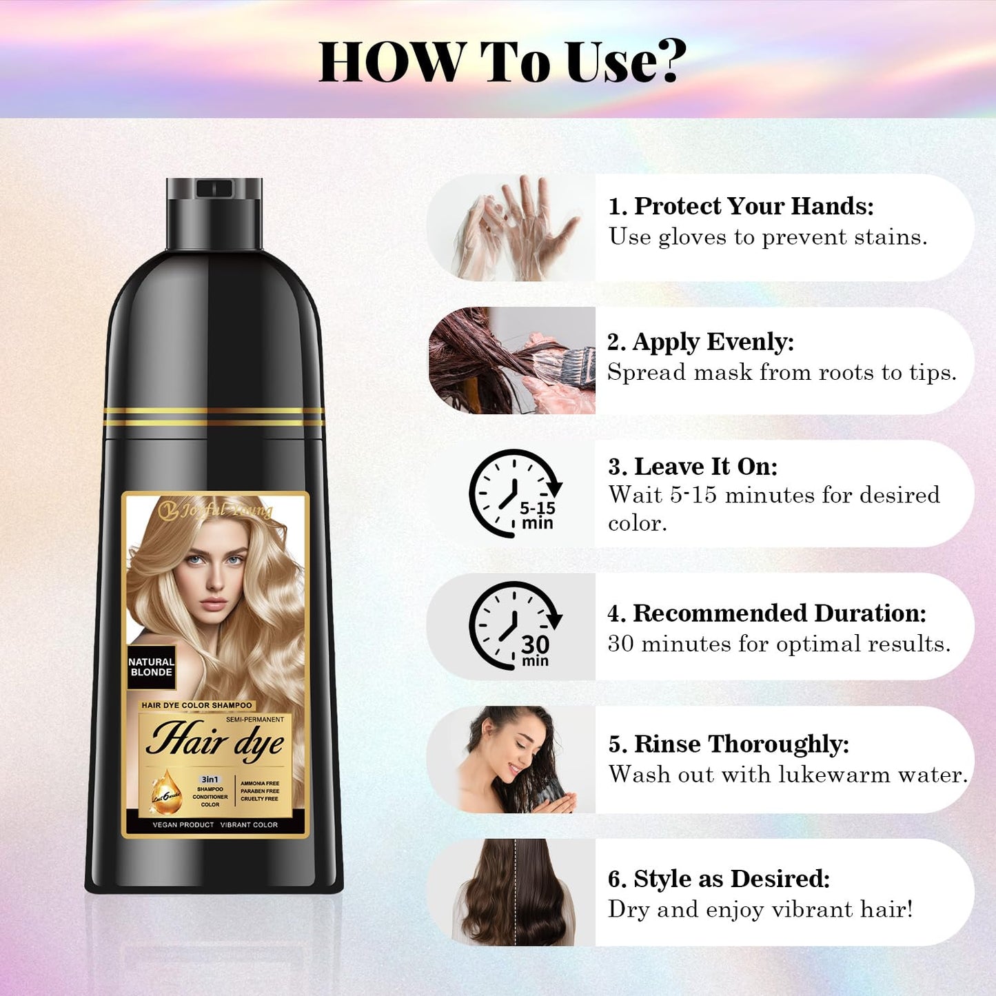 White Smoke Joyful Young Hair Dye Shampoo 3-in-1, Natural Blonde Semi-Permanent Gray Hair Coverage, Color Depositing Shampoo for Women & Men, Vegan, Ammonia-Free