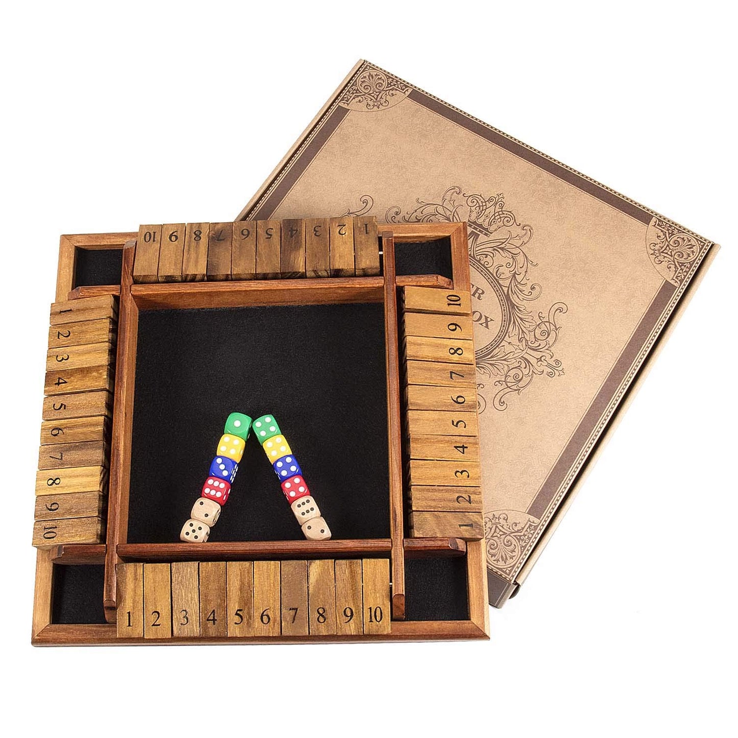 White Smoke AMEROUS 1-4 Players Shut The Box Dice Game, Wooden Board Table Math Game with 12 Dice and Shut-The-Box Instructions for Kids Adults, Family Classroom Home or Pub (12 Inches)