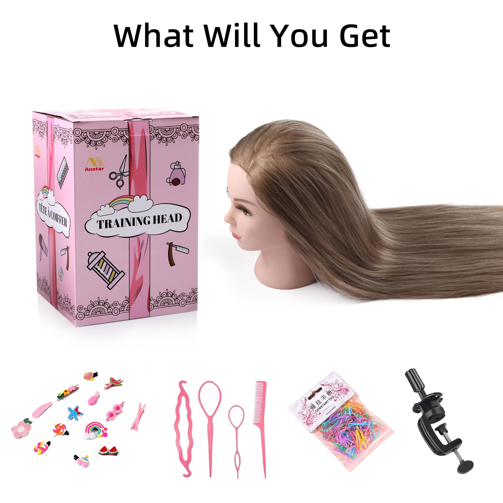 White Smoke Mannequin Head with Hair, 26" Hair Mannequin Manikin Head Hair Practice Cosmetology Hair Doll Head Styling Hairdressing Training Braiding Cutting Setting with Clamp Holder and Tools