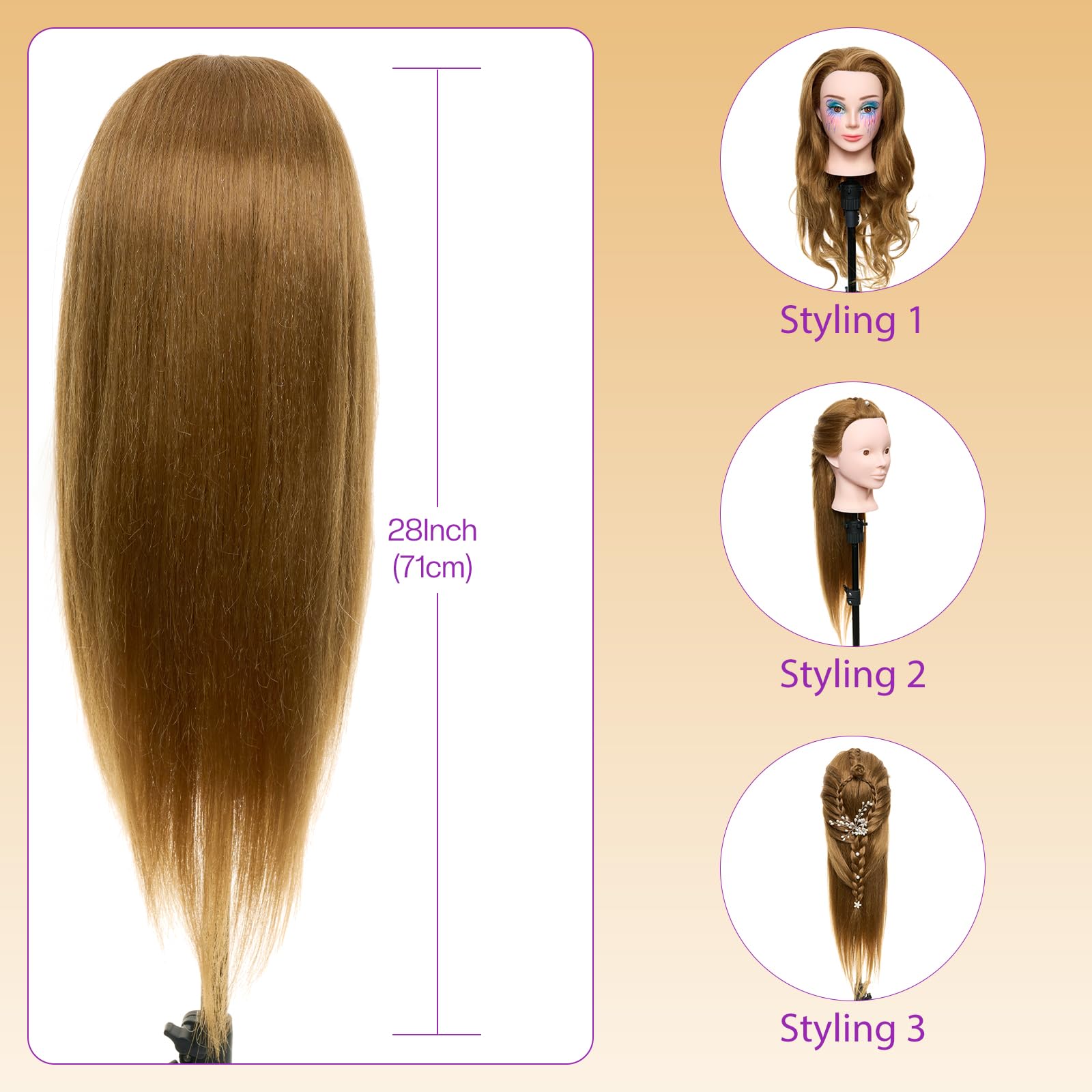 White Smoke Mannequin Head with 80% Real Human Hair with Tripod Stand - 28" Makeup Cosmetology Manikin Doll Head for Hair Styling, Hairdressing Training Head for Braiding Practice Suitable for Hair Extensions