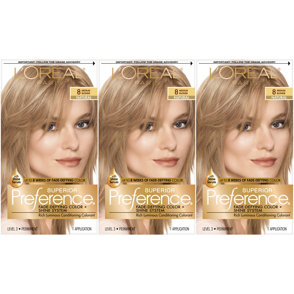 Dim Gray L'Oreal Paris Superior Preference Fade-Defying + Shine Permanent Hair Color, 8 Medium Blonde, Pack of 3, Hair Dye