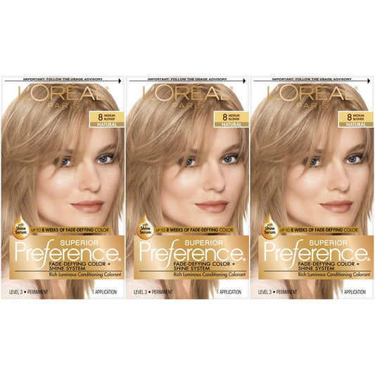 Dim Gray L'Oreal Paris Superior Preference Fade-Defying + Shine Permanent Hair Color, 8 Medium Blonde, Pack of 3, Hair Dye