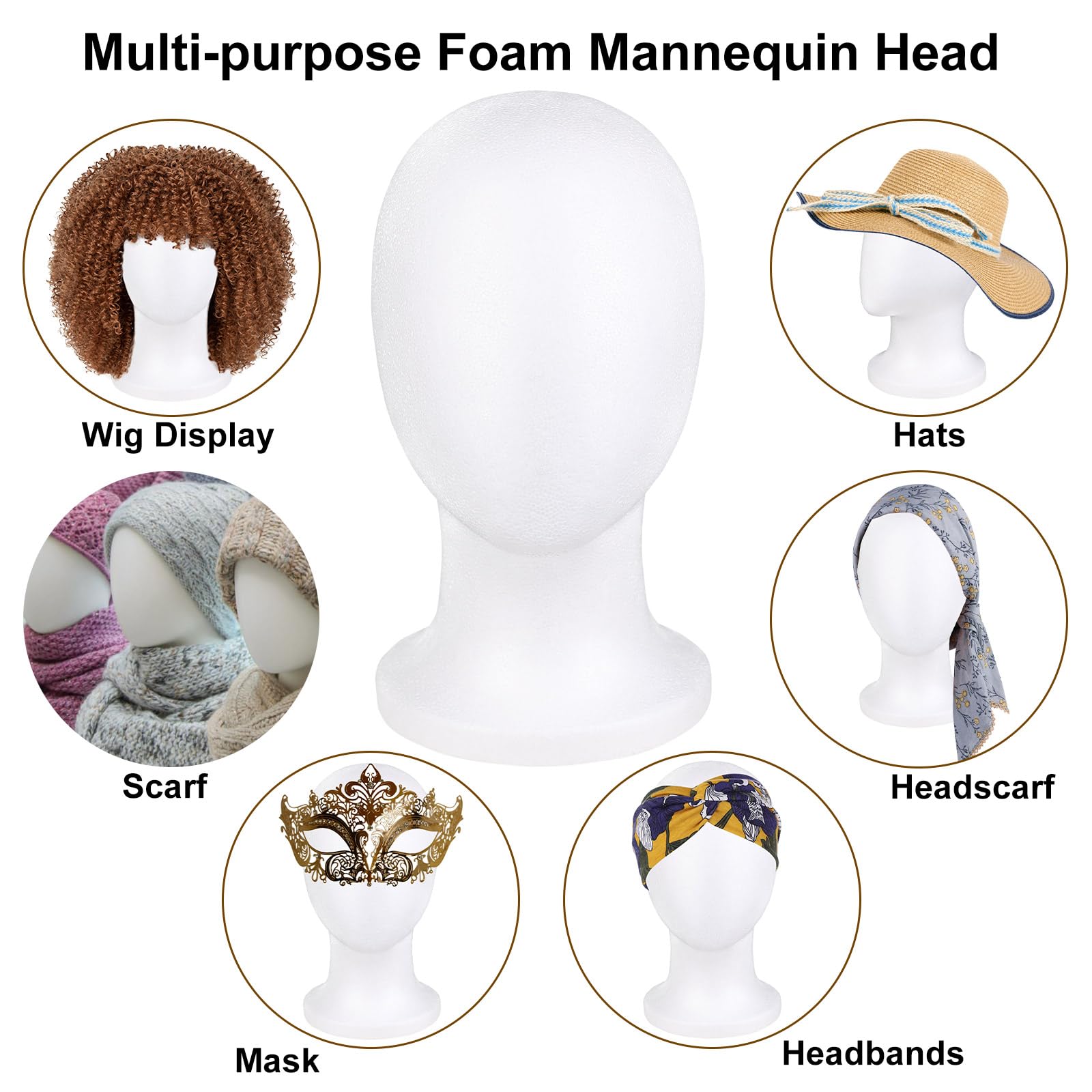 White Smoke COOKOO 3 PCS Faceless Foam Mannequin Head Wigs Holder Styrofoam Wig Head Stand Wigs Foam Heads for Style, Model Hats ,Display Hair, and Hairpieces, Mask ,Home, Salon and Travel (3 Pieces)