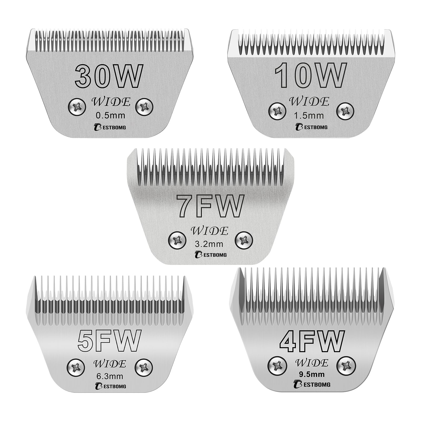 White Smoke Size 30W+10W+7FW+5FW+4FW Wide Detachable Pet Dog Grooming Blades Kit,Compatible with Andis,Oster A5,Wahl km10 Clippers,5 Pack