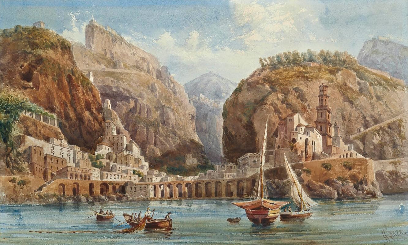 Dim Gray Fishing at Atrani on the Amalfi coast Poster Print by Giovanni Giordano Lanza (18 x 24)