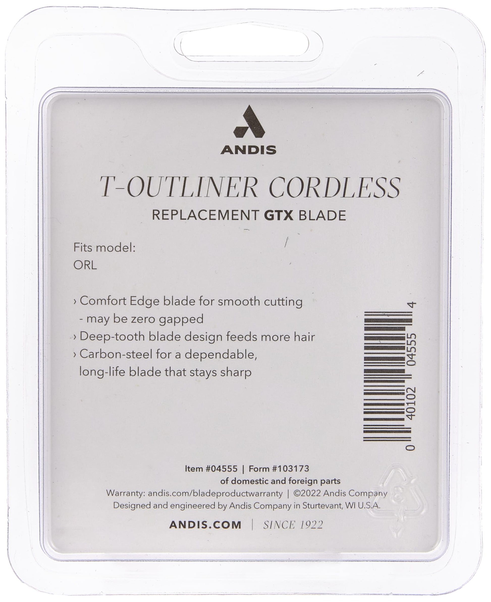 Light Gray Andis 04555 Cordless T-Outliner Lithium Ion Replacement Deep Tooth GTX Blade - Carbon Steel