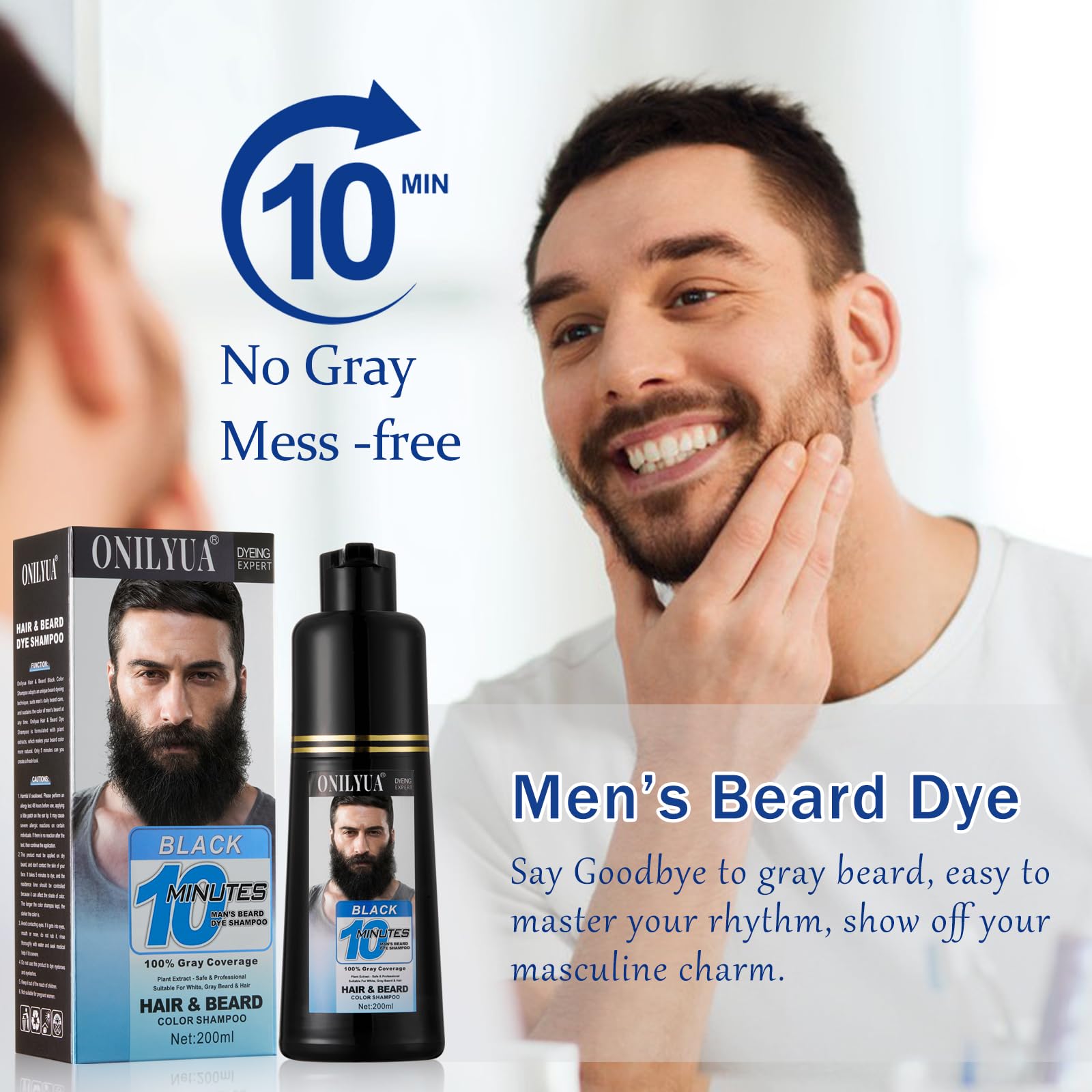 White Smoke Onilyua Men's 3 in 1 Black Beard Dye Shampoo, Simpler Color for Men's Beard & Mustaches, Long Lasting Gray Reducing 200 ml
