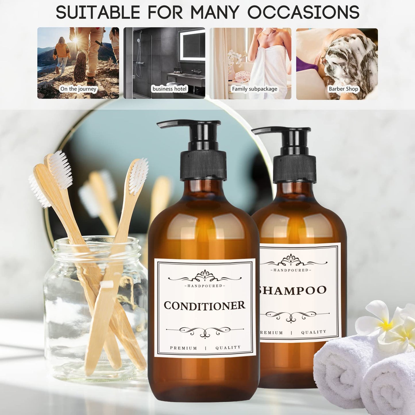 Lavender 4 Pack 16.9 Oz Shampoo and Conditioner Hand Soap Dispenser Refillable Pump Bottles with Waterproof Labels (Amber)