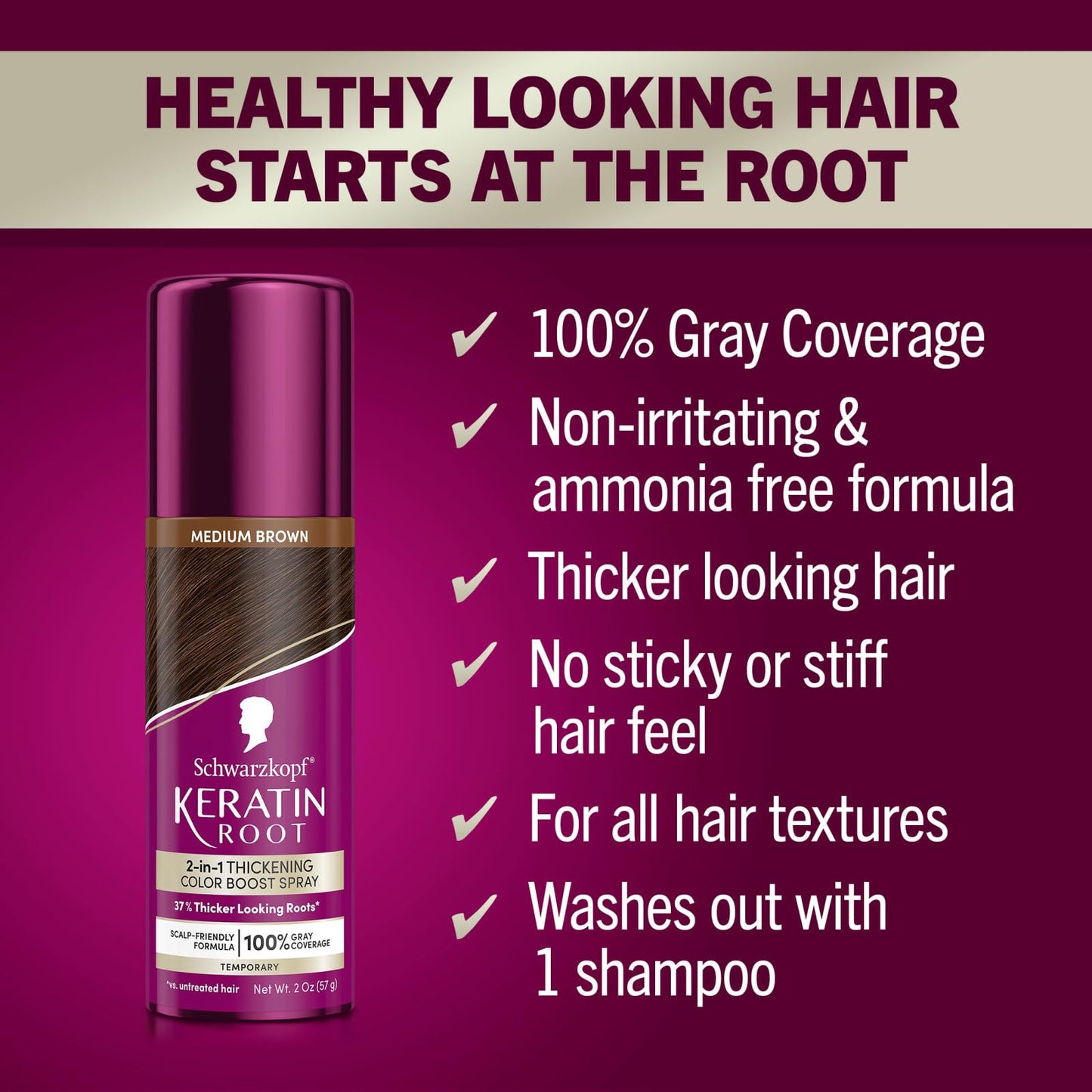 Dark Red Schwarzkopf Keratin Color Root Temporary Hair Color Spray, Medium Brown, Instant Gray Coverage, Thicker, Fuller-Looking Roots, Easy-to-Use, No Ammonia, Low Mess Application, Scalp Friendly