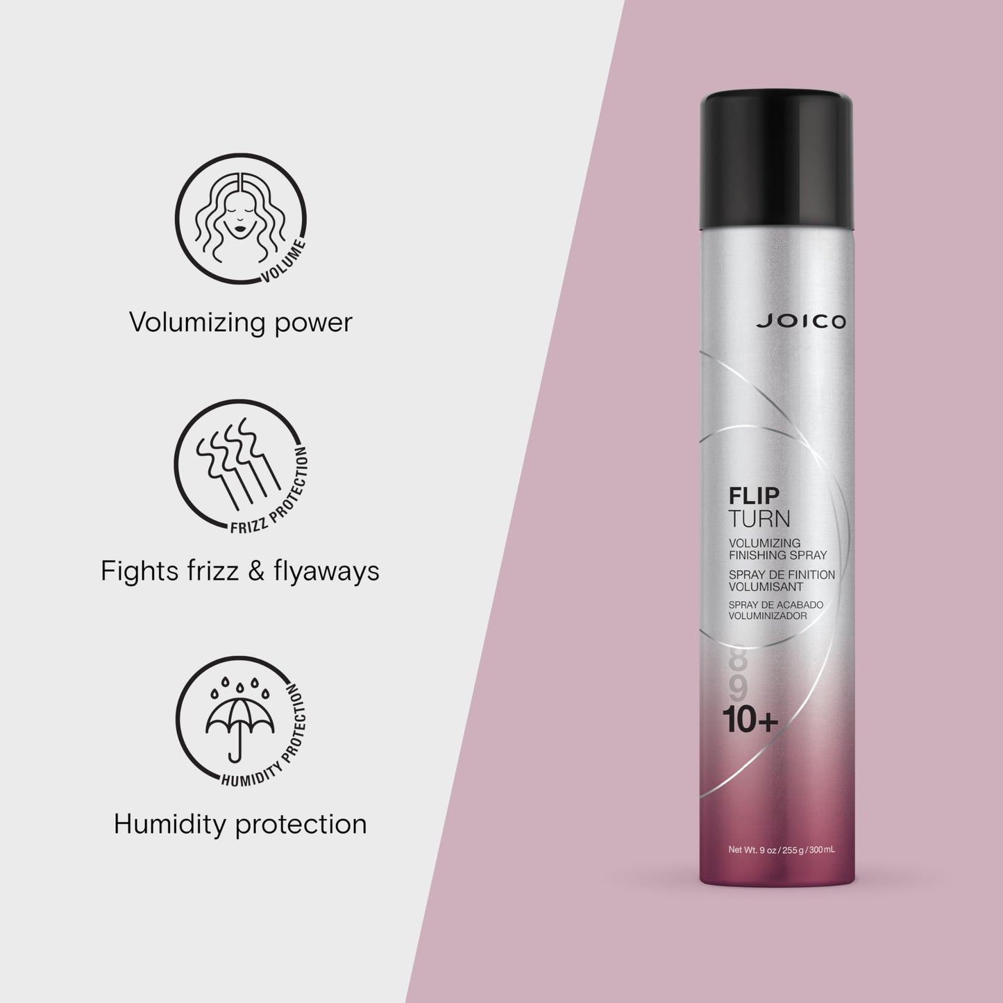 Lavender Joico Flip Turn Volumizing Finishing Spray | For Most Hair Types | Humidity Protection | Hold Level 10+ | Protect Against Pollution & Harmful UV | Paraben & Sulfate Free | 72 Hour Hold | 300mL