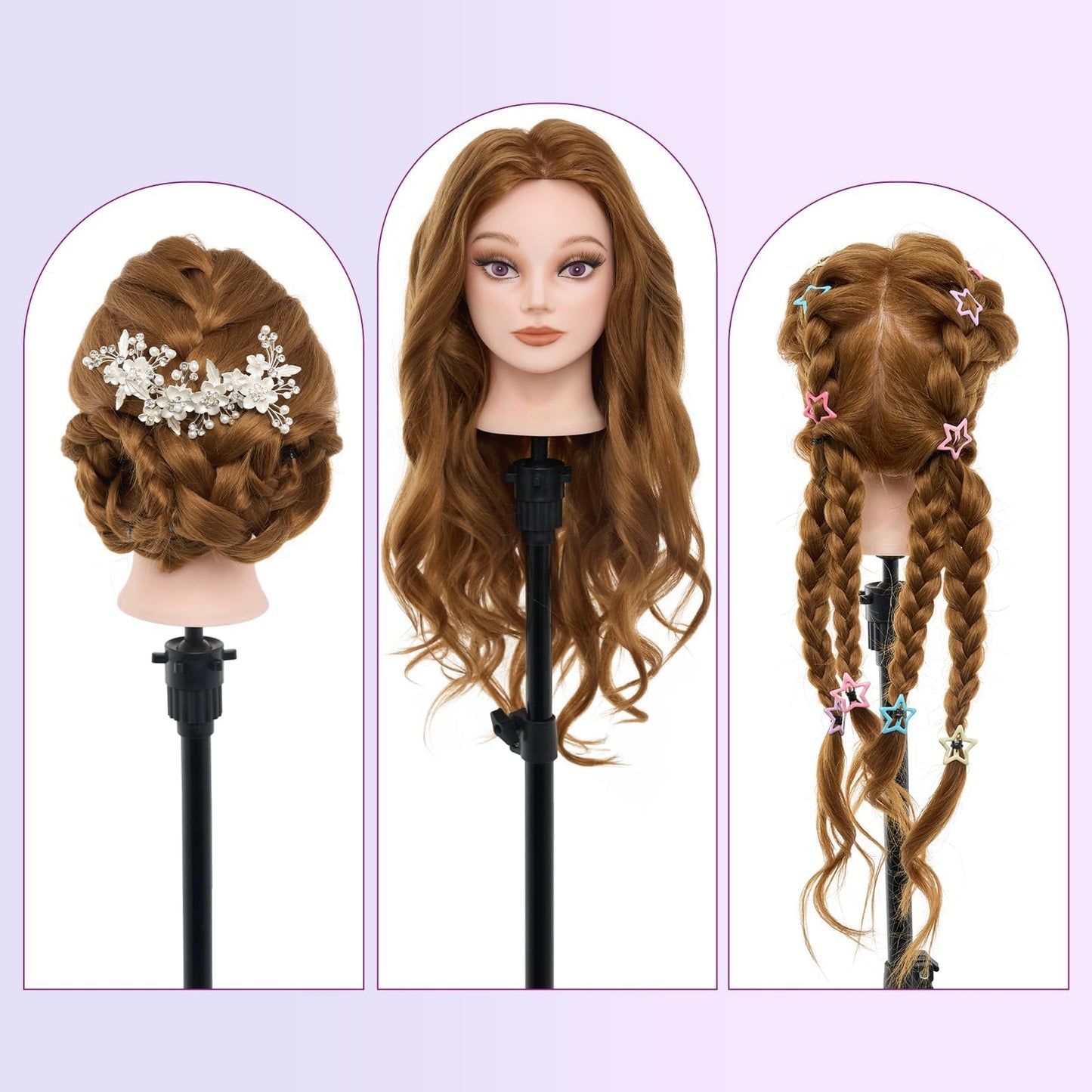 White Smoke Mannequin Head 80% Human Hair - 28" Makeup Manikin Doll Head for Hair Styling, Hairdressing Training Practice Braiding for Cosmetology Students, Professionals & Practice Exams