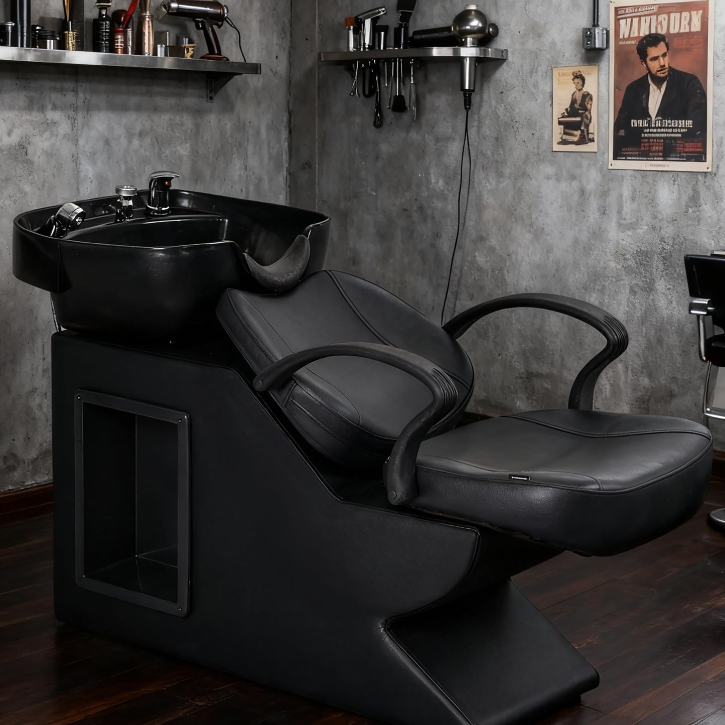 Black Seogwisam Shampoo Bowl and Chair Set for Salon, Backwash Barber Chair,ABS Plastic Shampoo Bowl Sink Unit w/Storage Box for Beauty Spa Barbershop