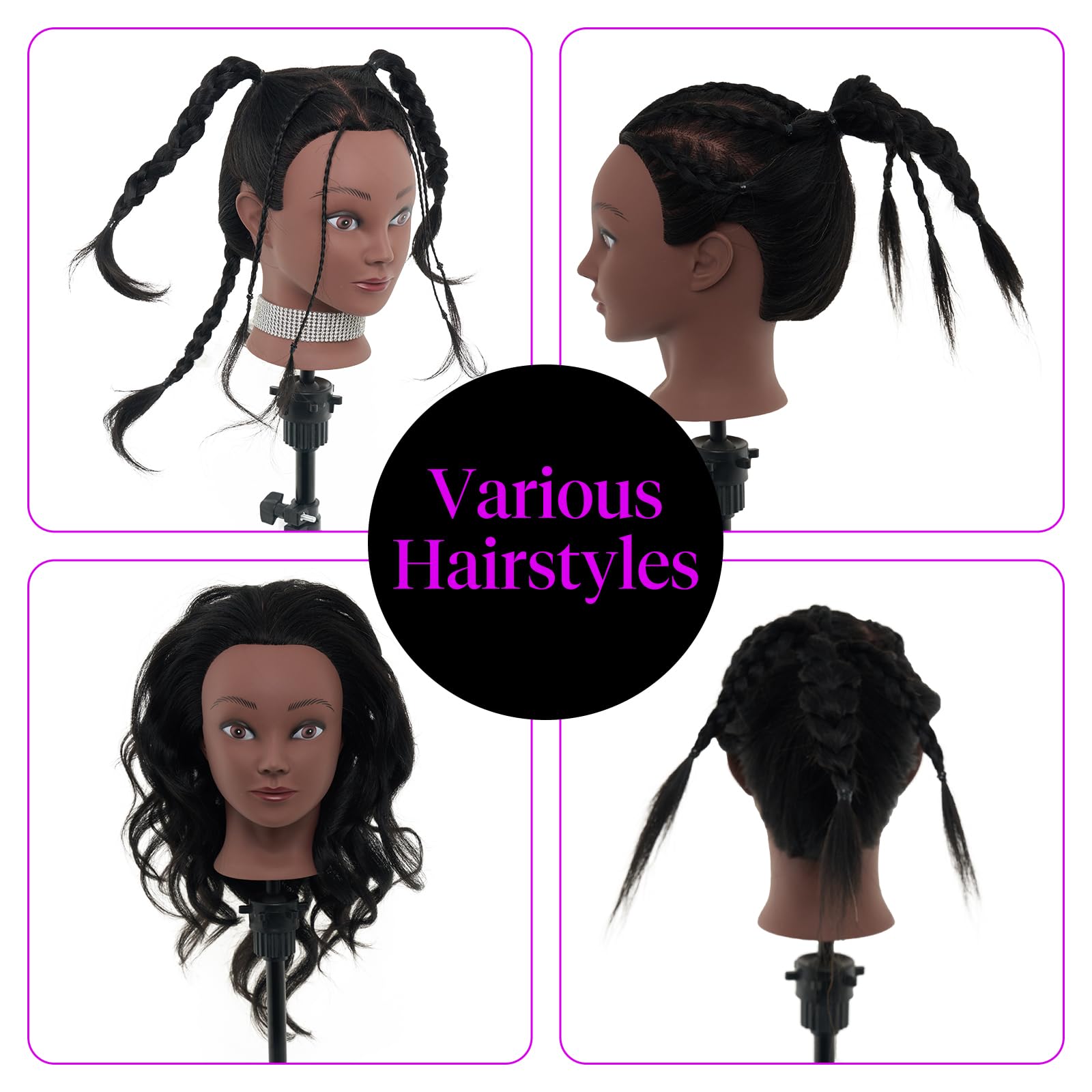 White Smoke 18" Mannequin Head Human Hair with Stand - 100% Real Human Hair Mannequin Head for Braiding, Cosmetology Manikin Doll Head for Hair Styling with Tripod Stand Table Clamp Hair Braiding Set,Black