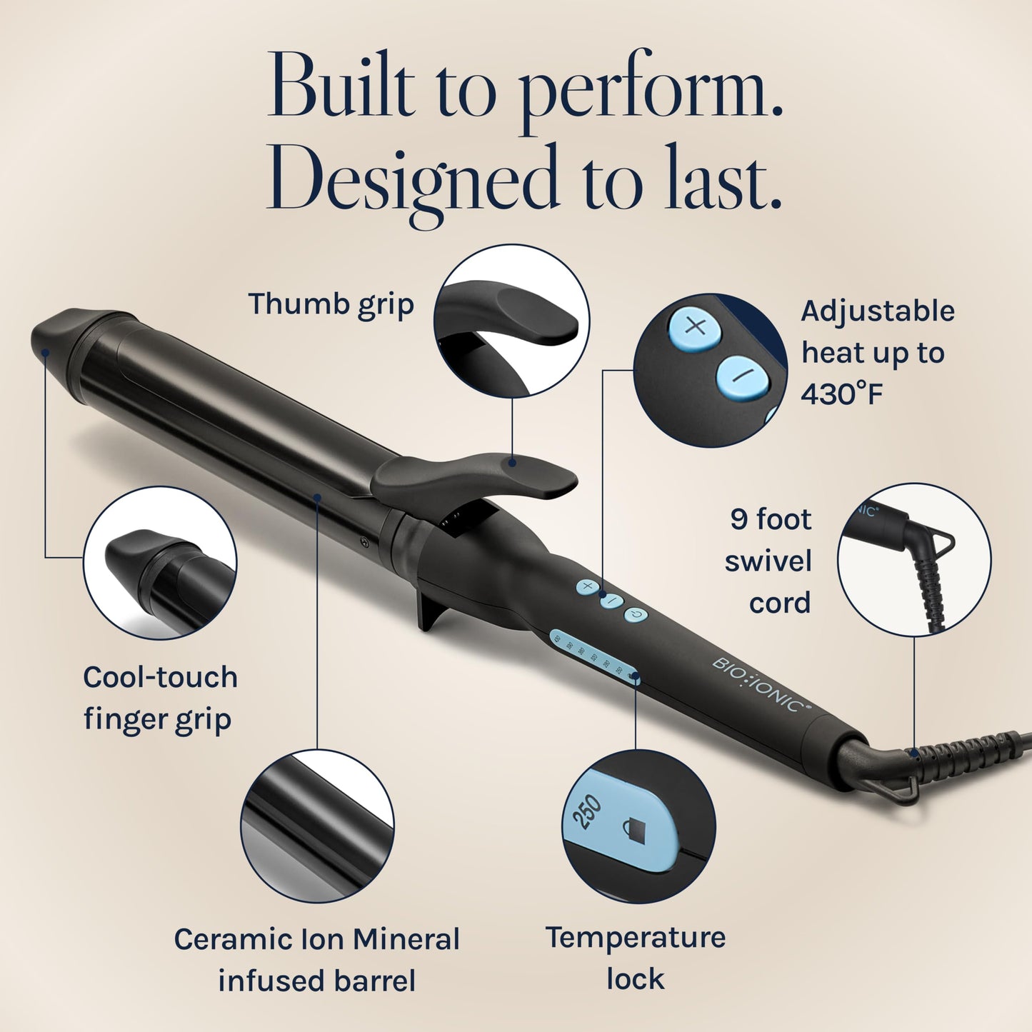 Antique White Bio Ionic Long Barrel Styler, 1.5" Curling Iron with Moisture Heat Technology & NanoIonic MX, Versatile Curling Wand with Adjustable Heat Settings, Hair Curler with 2" Extended Barrel