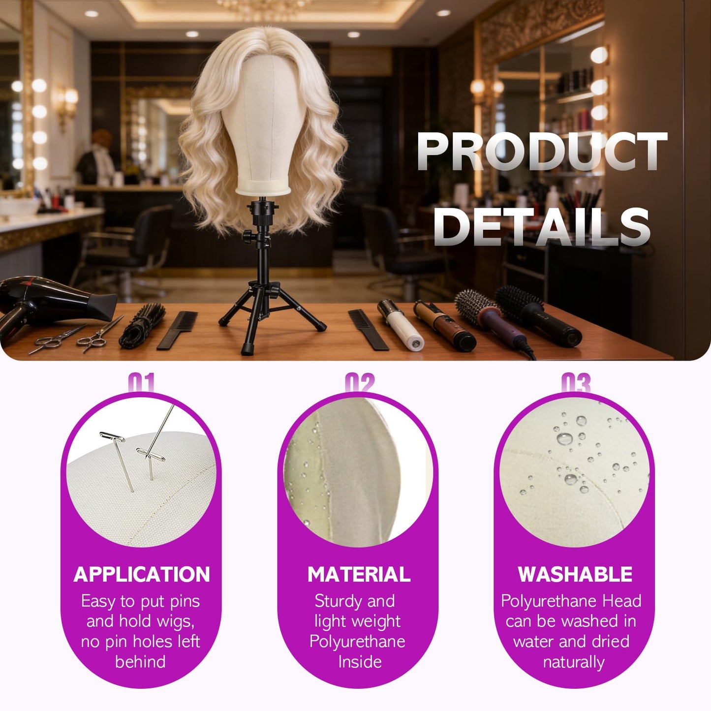 White Smoke Wig Stand - Wig Stand with Head Canvas Wig Head Mannequin Head for Heavy Wigs, Wig Head Stand Manikin Head Wig Head for Wigs Making Display Styling(Wig not included), Wig Stand Tripod Height Adjustable