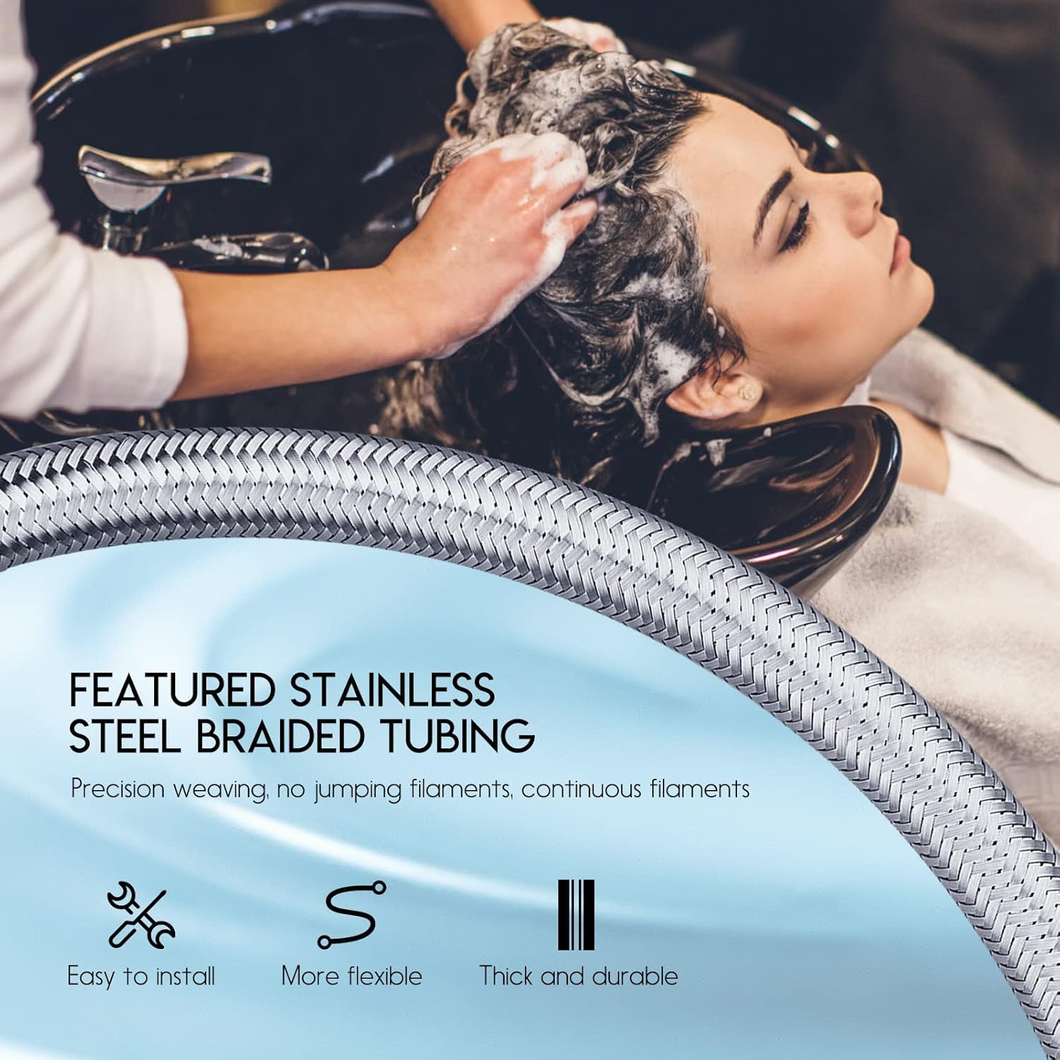 Light Blue LukLoy All-in-One Salon Shampoo Bowl Faucet Vacuum Breaker Kit, Complete Set Salon Sink Parts for Salon Shampoo Bowl and Bed, 1/4" Nut Beauty Salon hose and sprayer for Barber Shop Spa Center