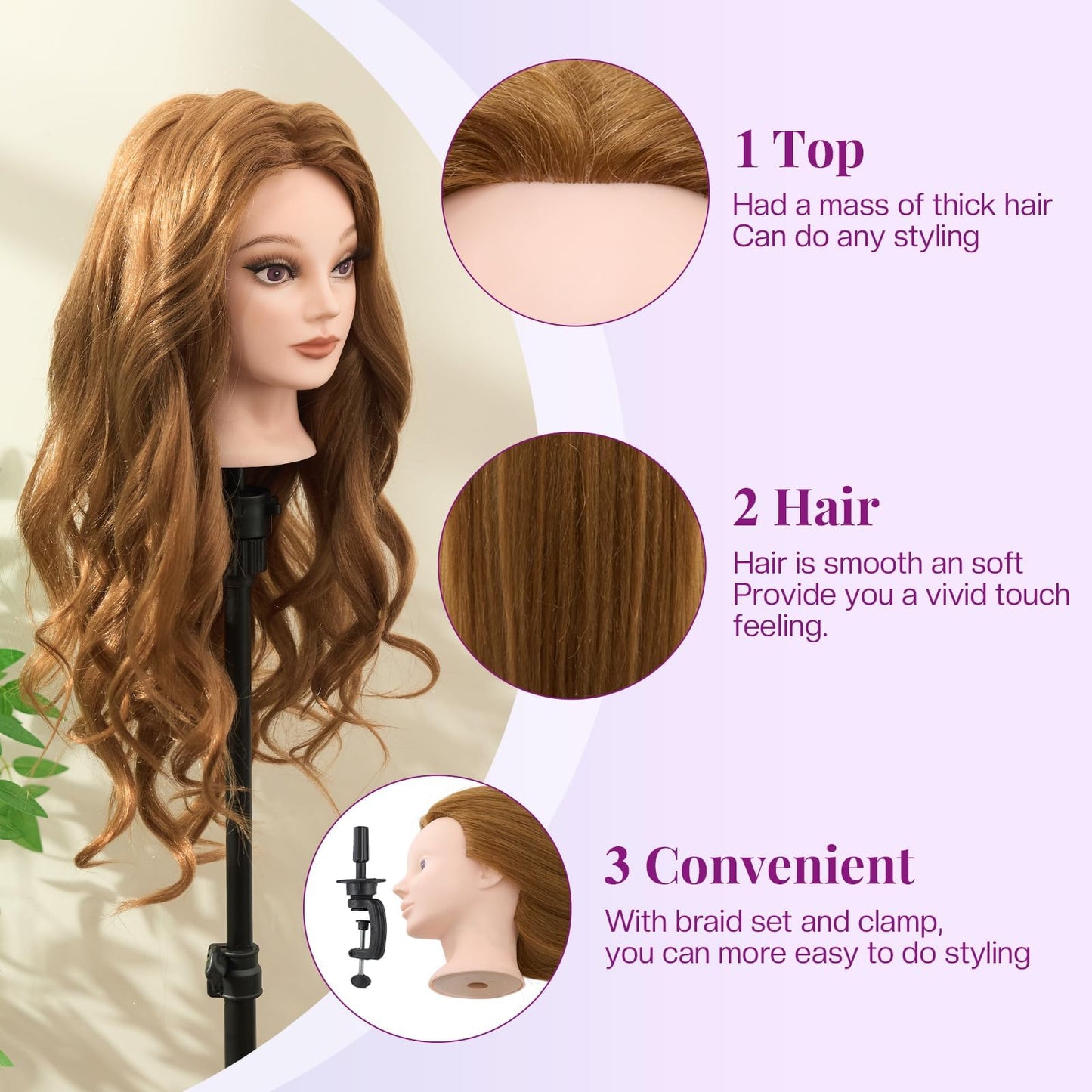 Lavender Blush Mannequin Head 80% Human Hair - 28" Makeup Manikin Doll Head for Hair Styling, Hairdressing Training Practice Braiding for Cosmetology Students, Professionals & Practice Exams