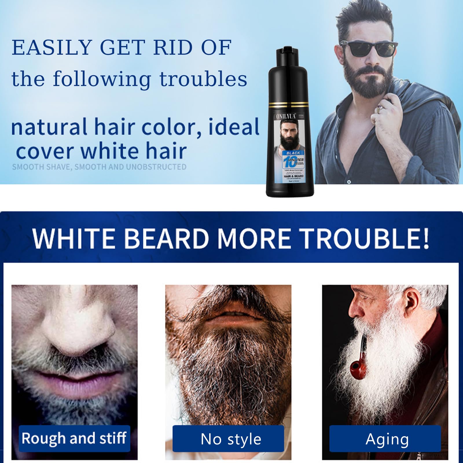 White Smoke Onilyua Men's 3 in 1 Black Beard Dye Shampoo, Simpler Color for Men's Beard & Mustaches, Long Lasting Gray Reducing 200 ml