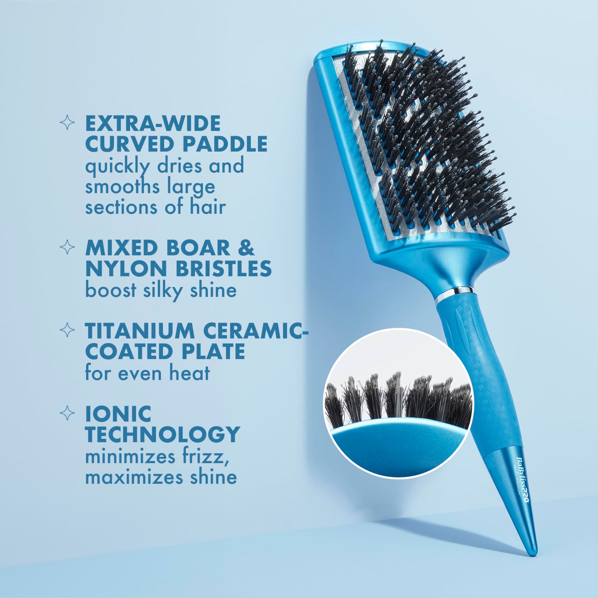 Light Blue BaBylissPRO Nano Titanium Curved Boar & Nylon Paddle Brush, Fast Blow-Dry Styling Brush for Smooth, Shiny Hair, Ideal for All Hair Types