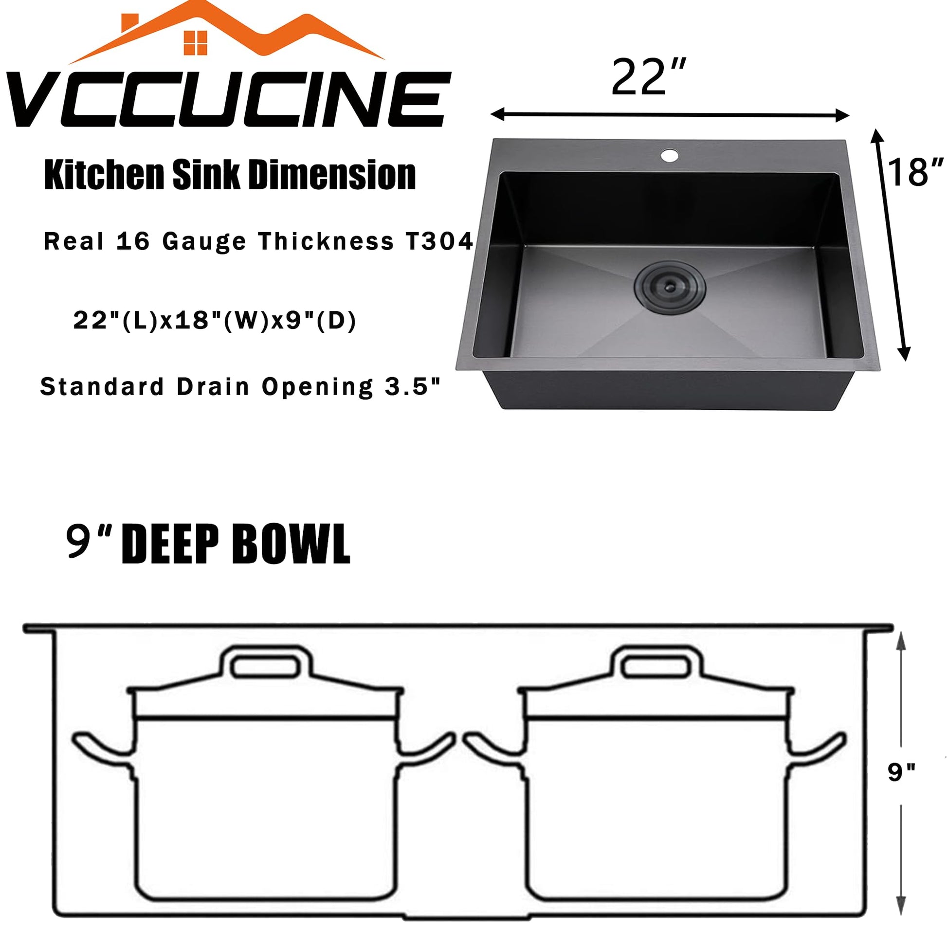 White Smoke VCCUCINE 22x18 Inch Gunmetal Black Drop in Kitchen Sink,16 Gauge Topmount RV Small Kitchen Bar Sink,Stainless Steel Wet Bar Sink,Outdoor Single Bowl,Laundry Prep Sink