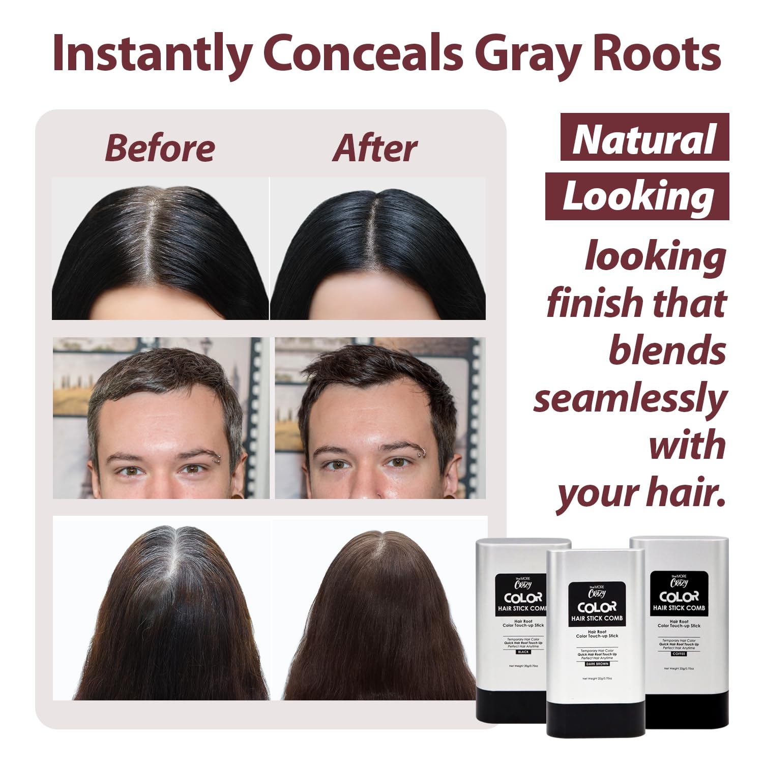 White Smoke TheMore Crazy 2-in-1 Hair Color Stick with Built-in Comb, Quick Root Touch-Up, Gentle Safe Formula, Long-Lasting Sweat-Proof Smudge-Proof for Women & Men (Black)