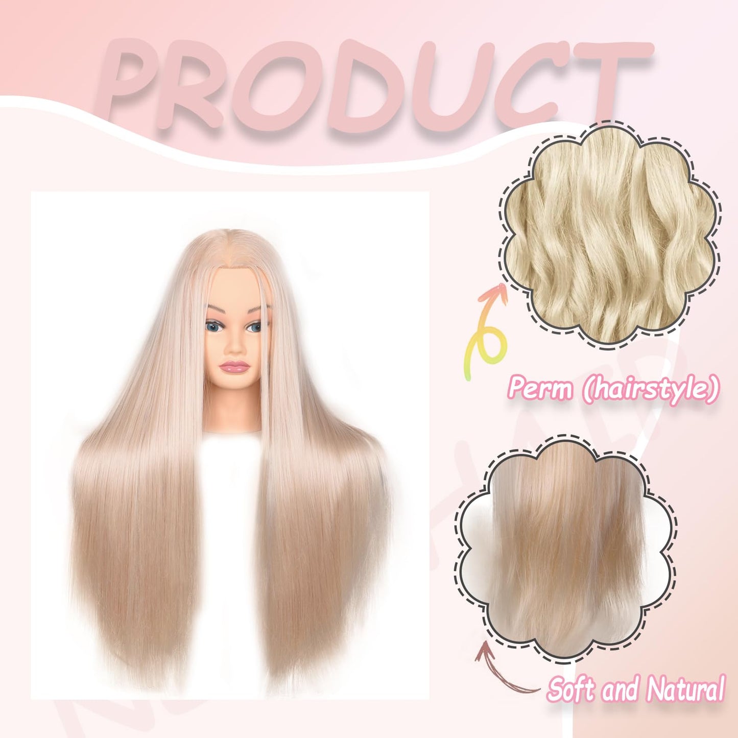 White Smoke Female Mannequin Head 26 Inch Long Hair Training Head Hair Styling Manikin Cosmetology Doll Head Synthetic Fiber Hair Dressing Salon Training Head Model with Free Clamp (Color 613)