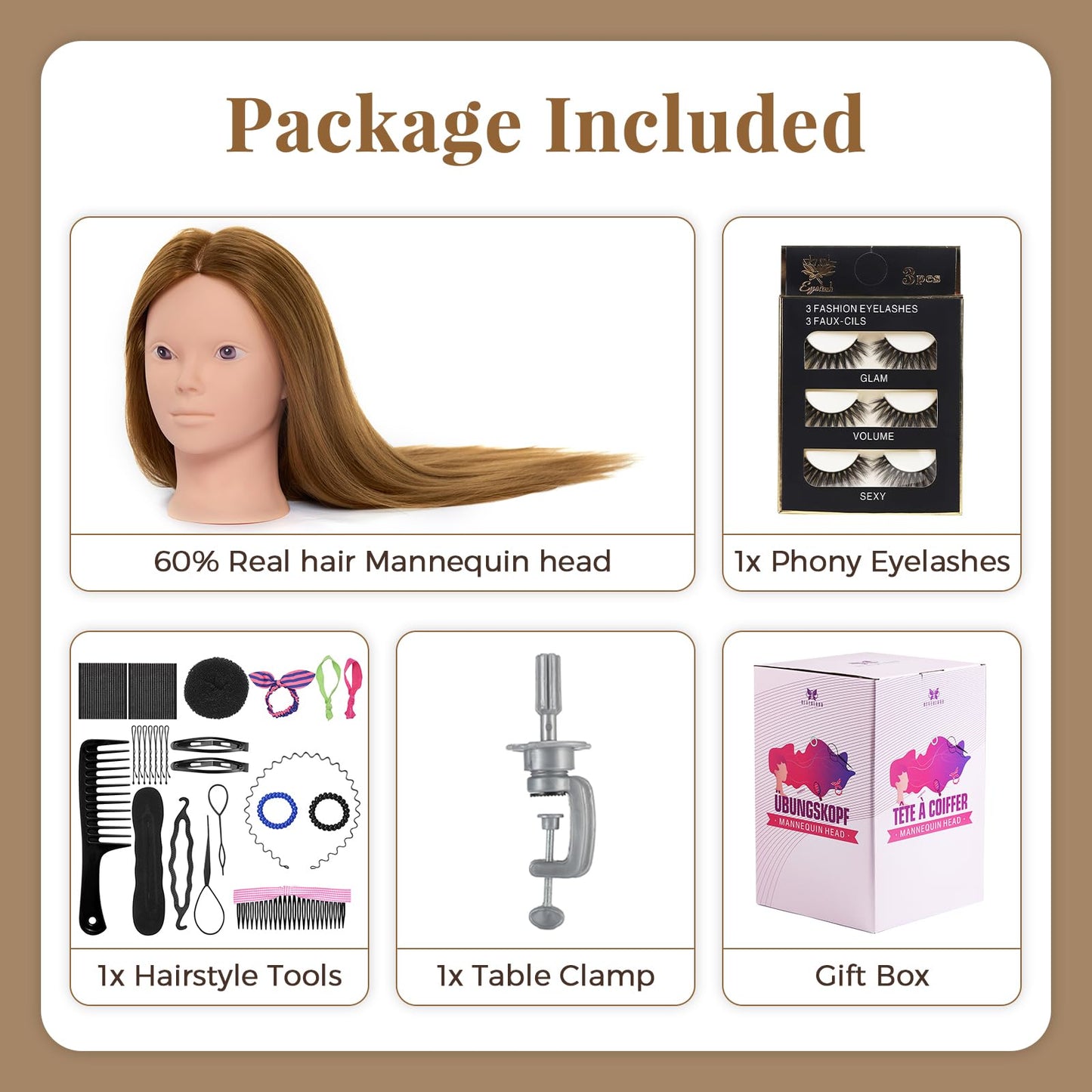 White Smoke Mannequin Head with 80% Real Human hair- 28" Hair Mannequin Heads for Make up, Braiding Hairdressing Doll Head for Styling with Table Clamp + DIY Hair Styling Set