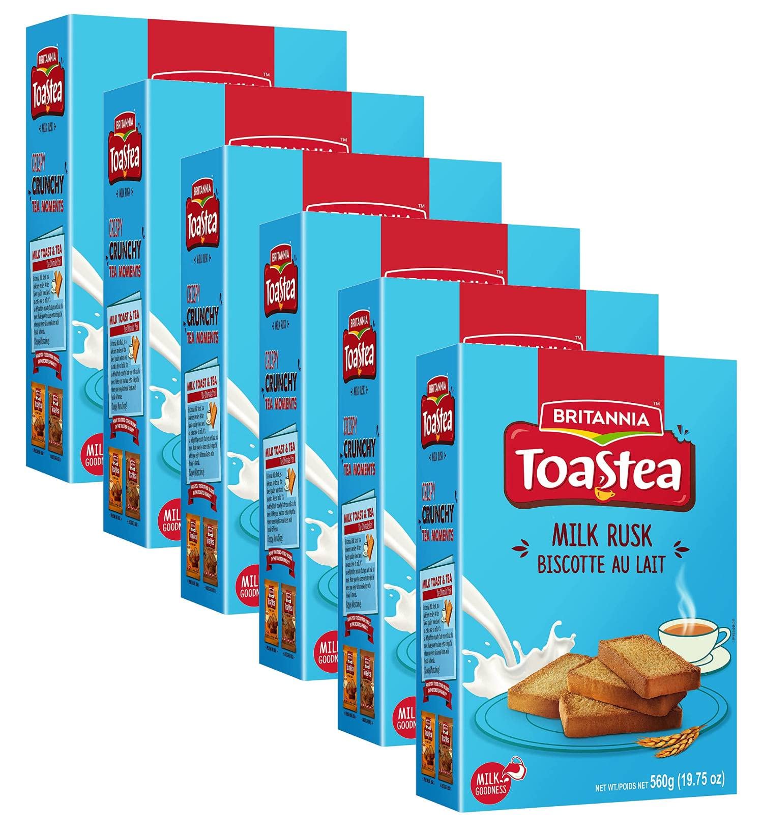 White Smoke BRITANNIA Toastea Milk Rusk 19.75oz (560g) - Biscotte Au Lait - Crispy, Crunchy Tea Moments - Breakfast & Tea Time Snacks (Pack of 6)