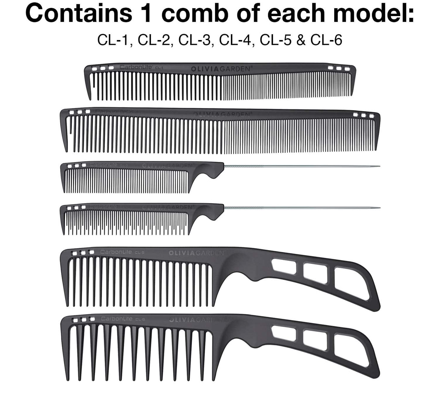 White Smoke Olivia Garden CarbonLite Carbon Combs for Women and Men - Professional Hairdresser and Barber Accessories - Heat Resistant Up to 460 Degrees, 6pc Kit - CL1 to CL