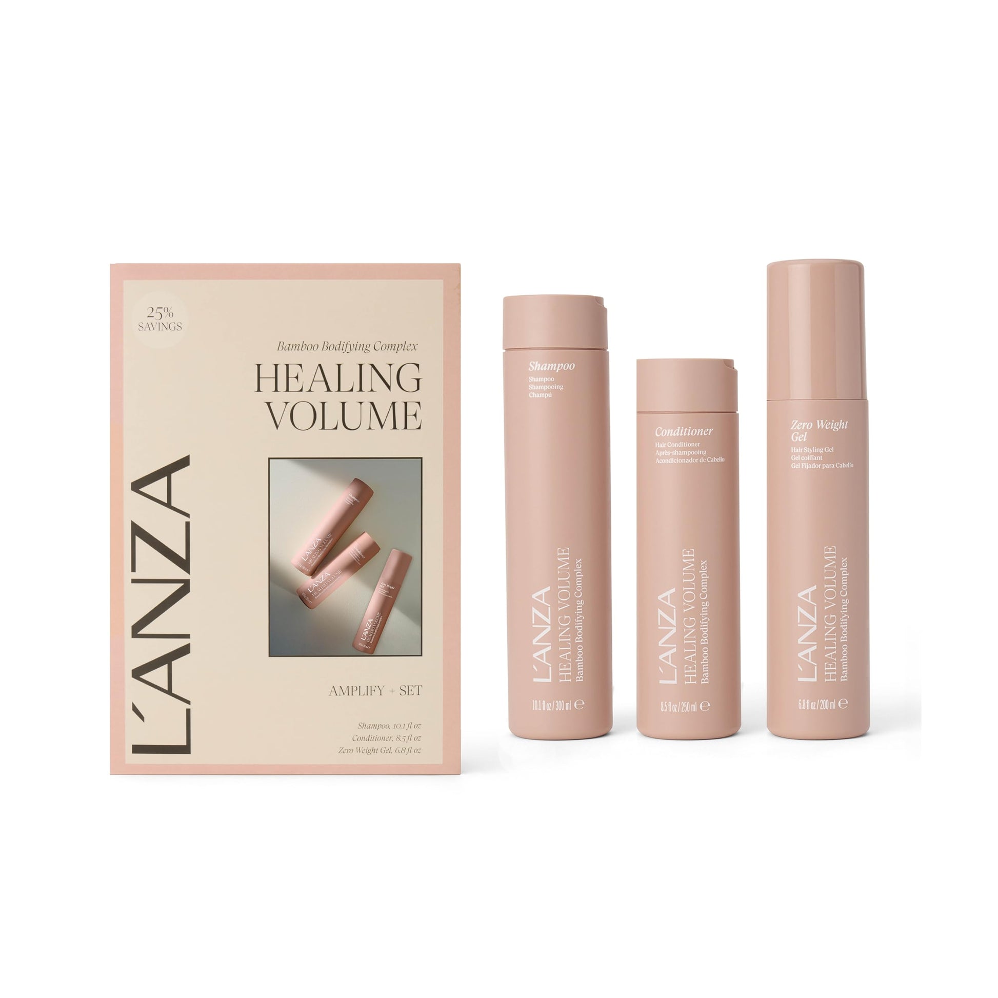 Light Gray L'ANZA Healing Volume Zero Weight Hair Gel, Thickening Shampoo & Conditioner Set, Volumizing, Boosts Body, Adds Fullness, Color Safe, Anti-Frizz, Anti-Humidity, Sulfate Free, Hair Care Kit