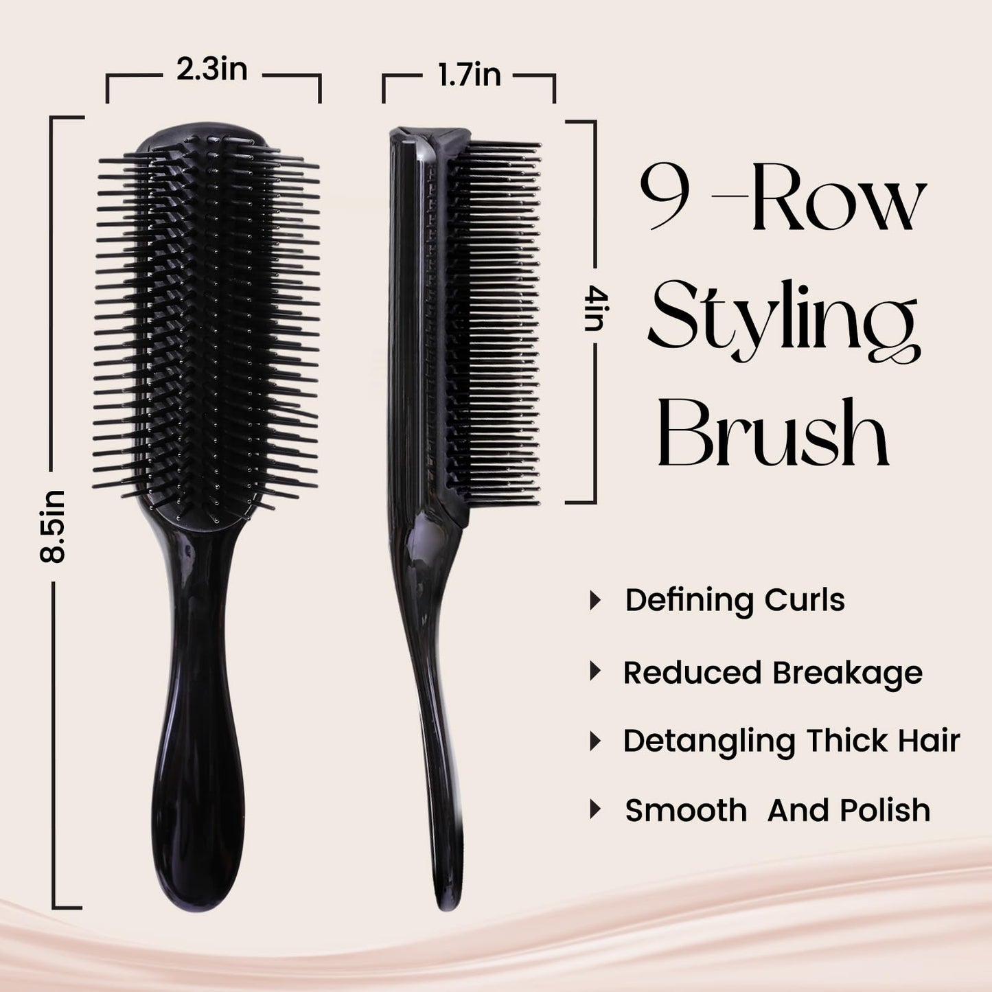 Misty Rose Koeuoi Classic Curly Hair Brush - 9 Row All Black Styling Brush for Styling, Smoothing Longer Hair and Defining Curls .For Women and Men Wet or Dry Hair.