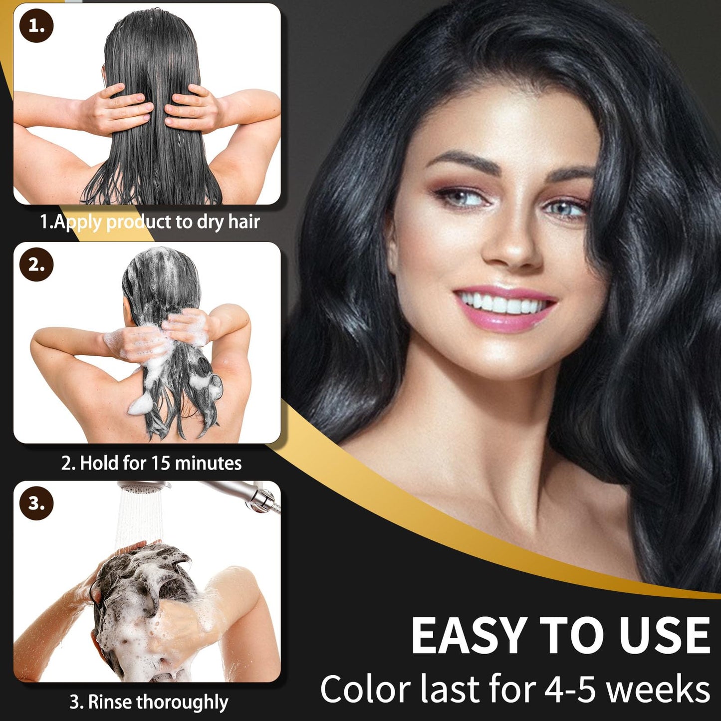 Black COSMTEK Black Dye Shampoo for Permanent Hair Color - Men&Women, Gray Coverage, Beard & Treated Hair, 3-In-1, 30 Days/500ml/Ammonia-Free/Natural Herbal