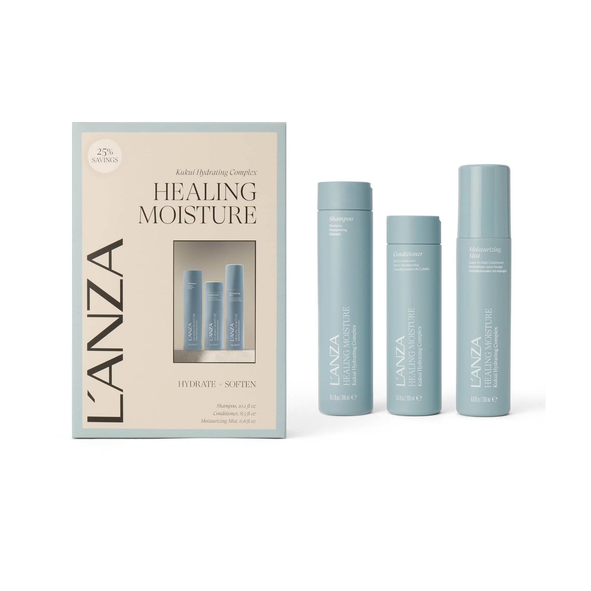 White Smoke L'ANZA Healing Moisture Hair Spray Mist, Shampoo & Conditioner Set, Hydrates & Heals Damaged Locks, Deep Hydration, Softens, Anti-Frizz, Anti-Humidity, Restores Elasticity, Color Safe, Hair Care Kit